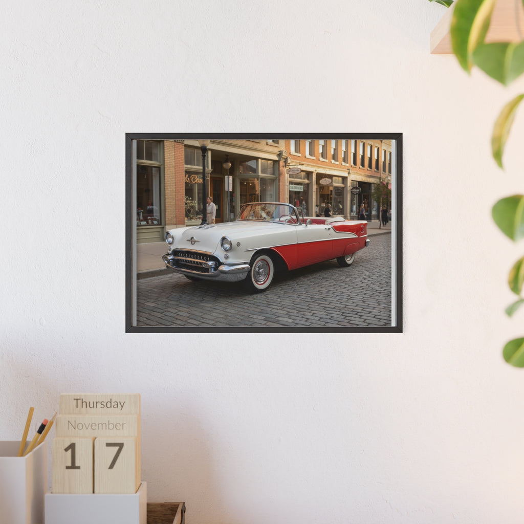 Vintage Red & White Convertible Poster with Wooden Frame — Retro Car Wall Art