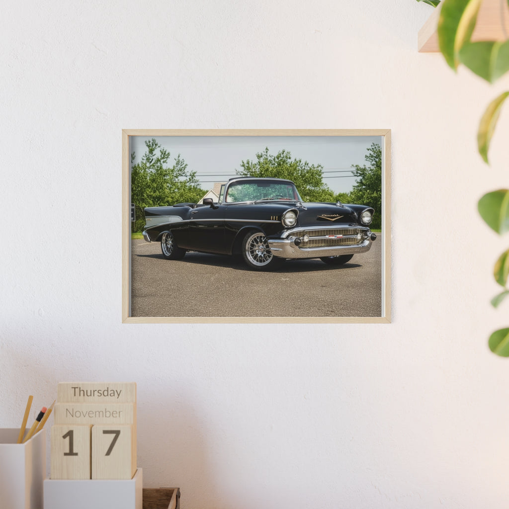 Classic Black 1957 Chevy Poster with Wooden Frame — Vintage Car Wall Art