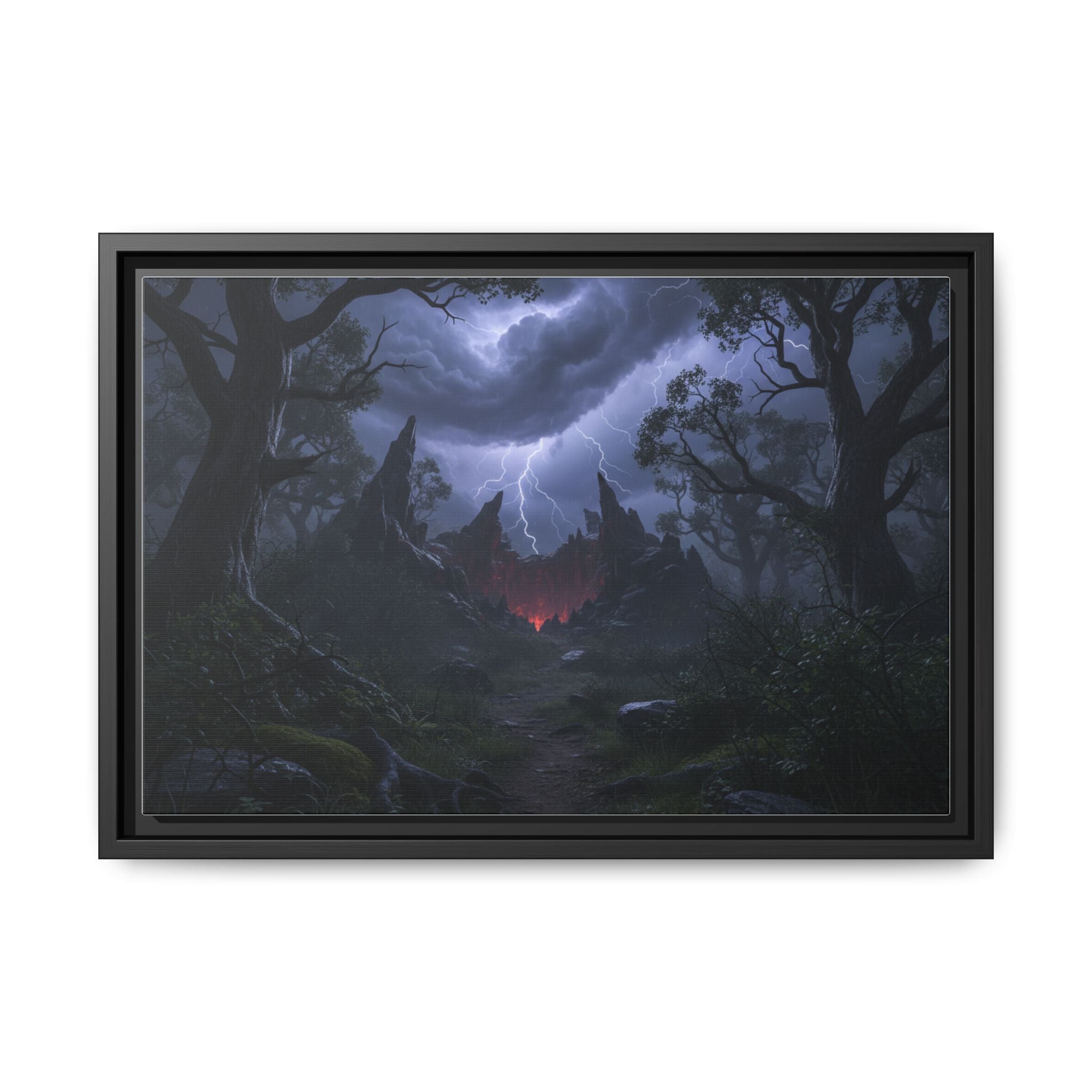 Dark Storm Forest Framed Canvas Print — Lightning, Haunted Castle Art