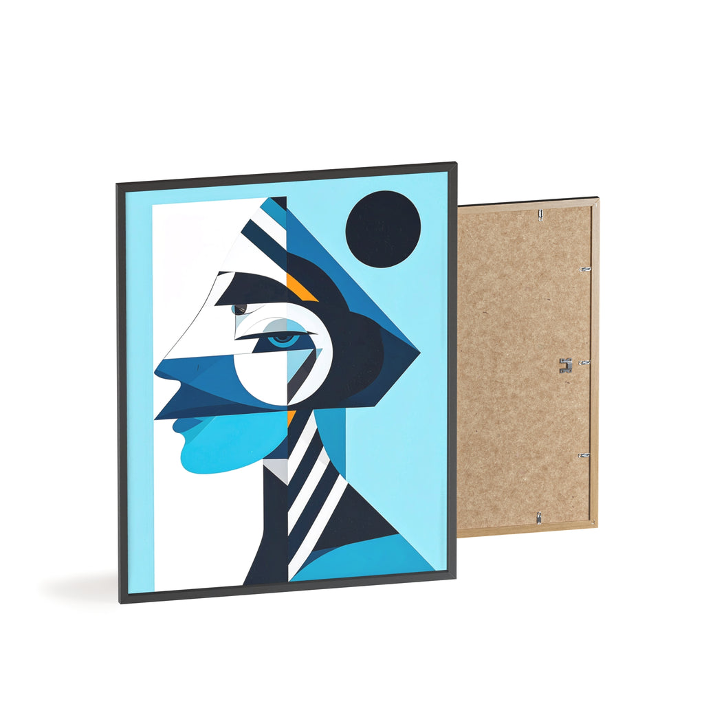Abstract Geometric Portrait Poster with Wooden Frame — Blue Modern Wall Art