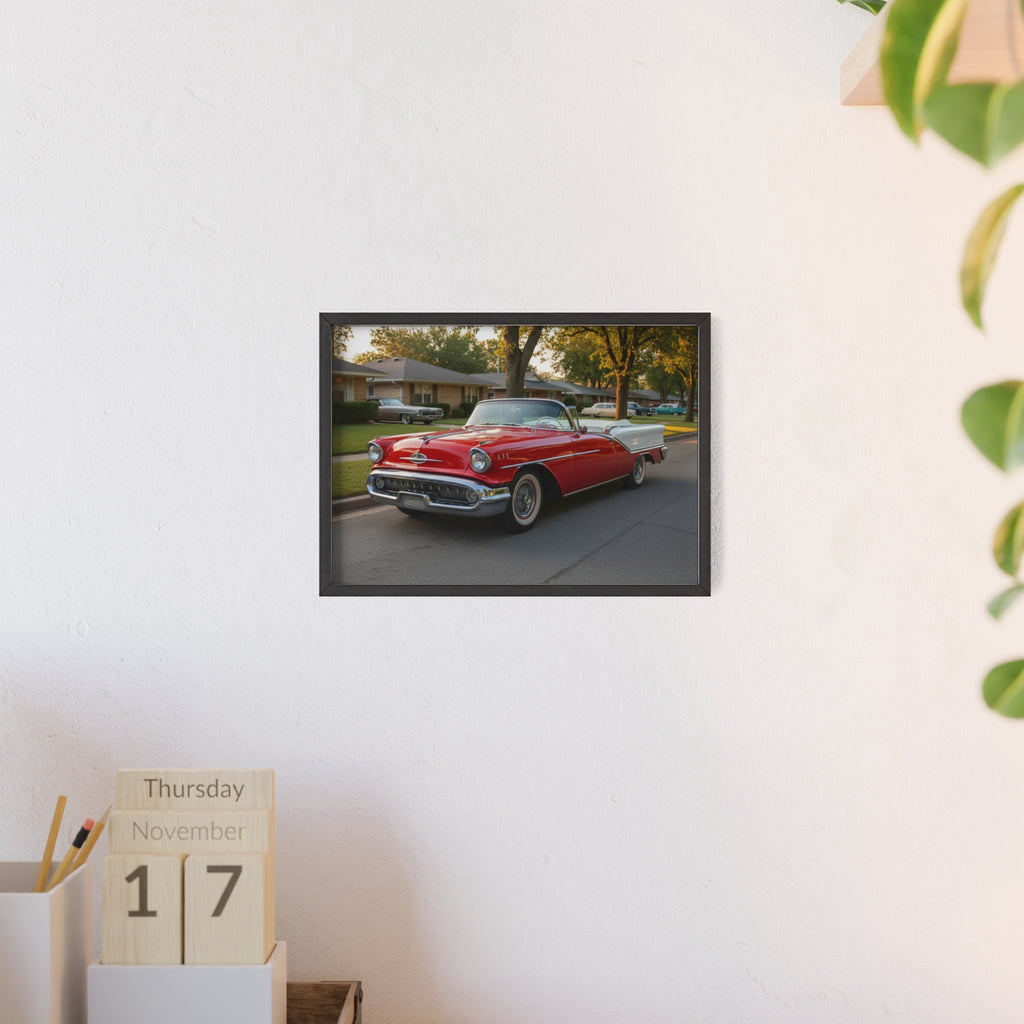 Vintage Red Convertible Poster with Wooden Frame — Classic Car Wall Art