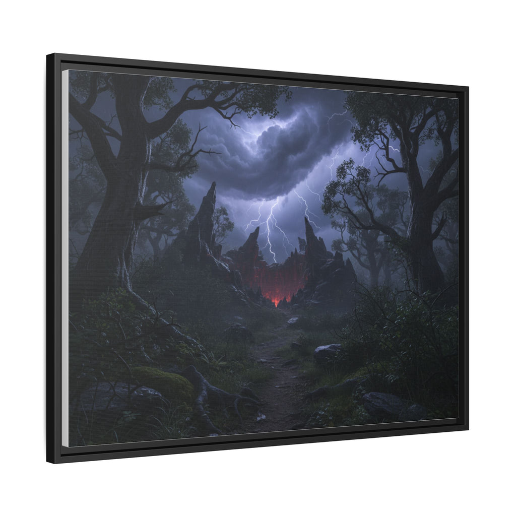 Dark Storm Forest Framed Canvas Print — Lightning, Haunted Castle Art