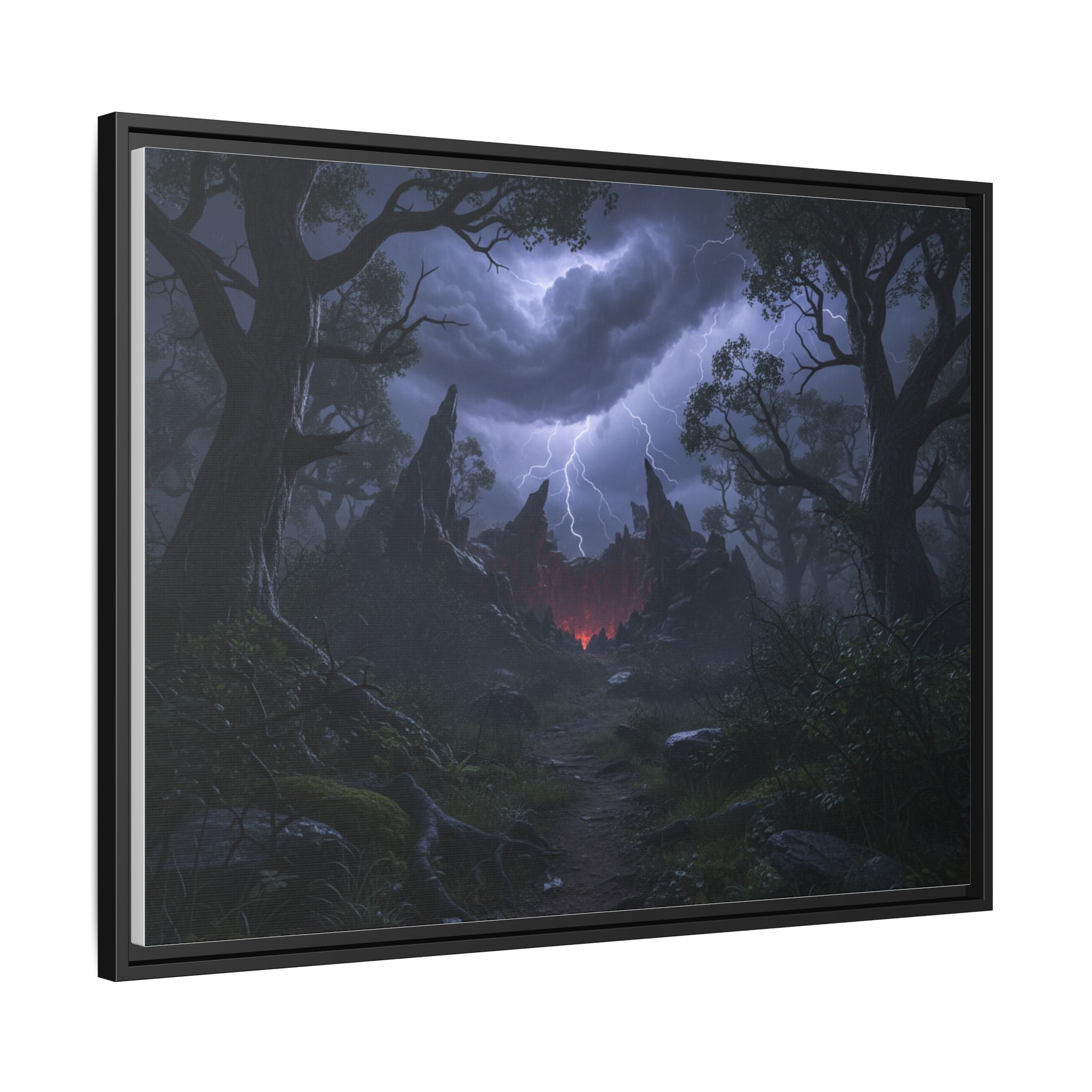 Dark Storm Forest Framed Canvas Print — Lightning, Haunted Castle Art