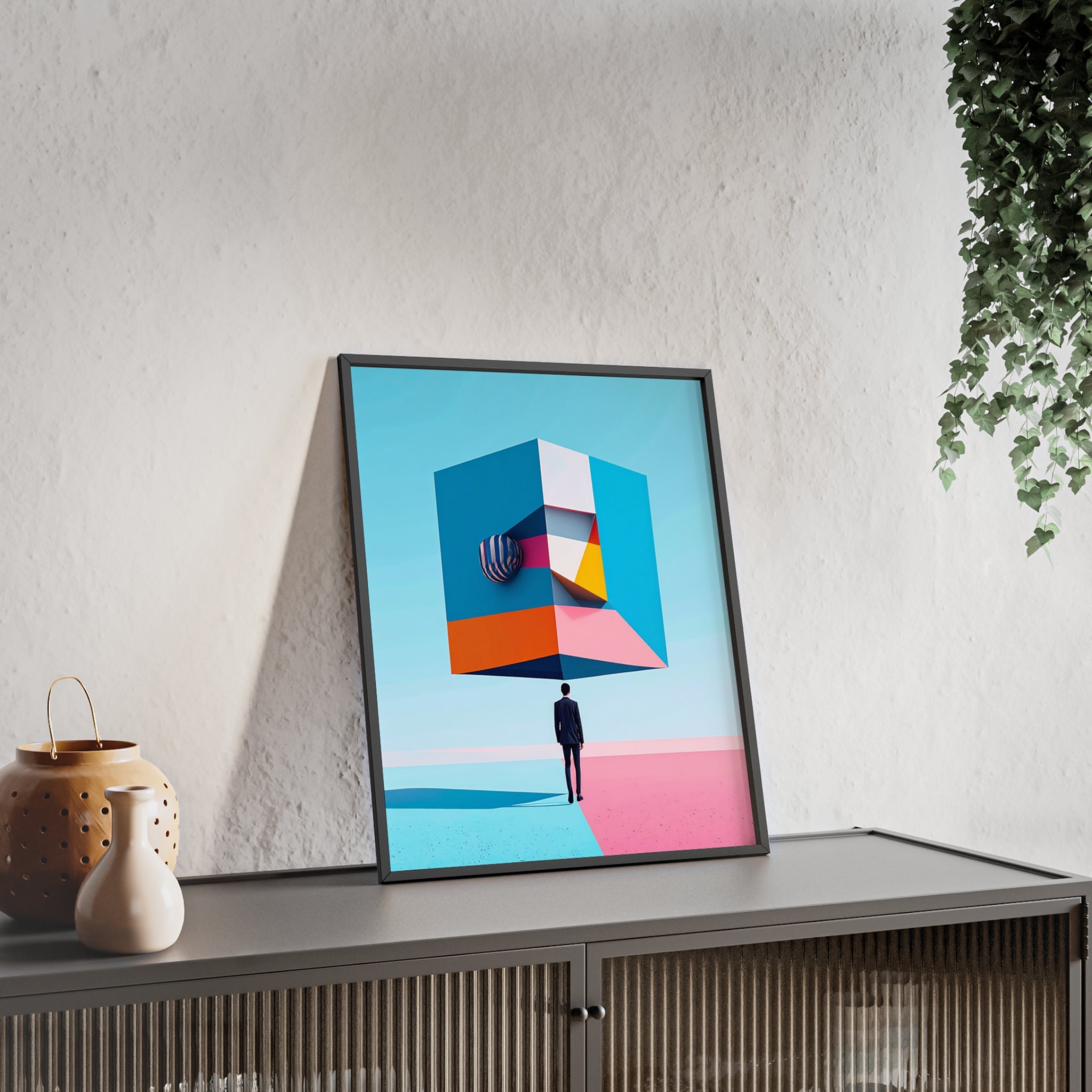 Surreal Geometric Art Poster with Wooden Frame — Modern Minimal Wall Decor