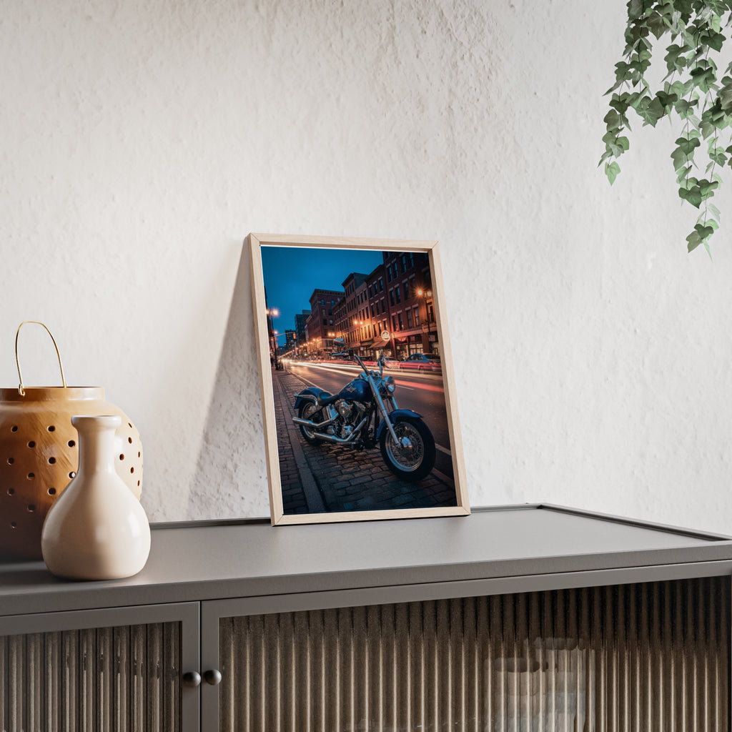 Framed Motorcycle Poster — Night City Street Bike Wall Art