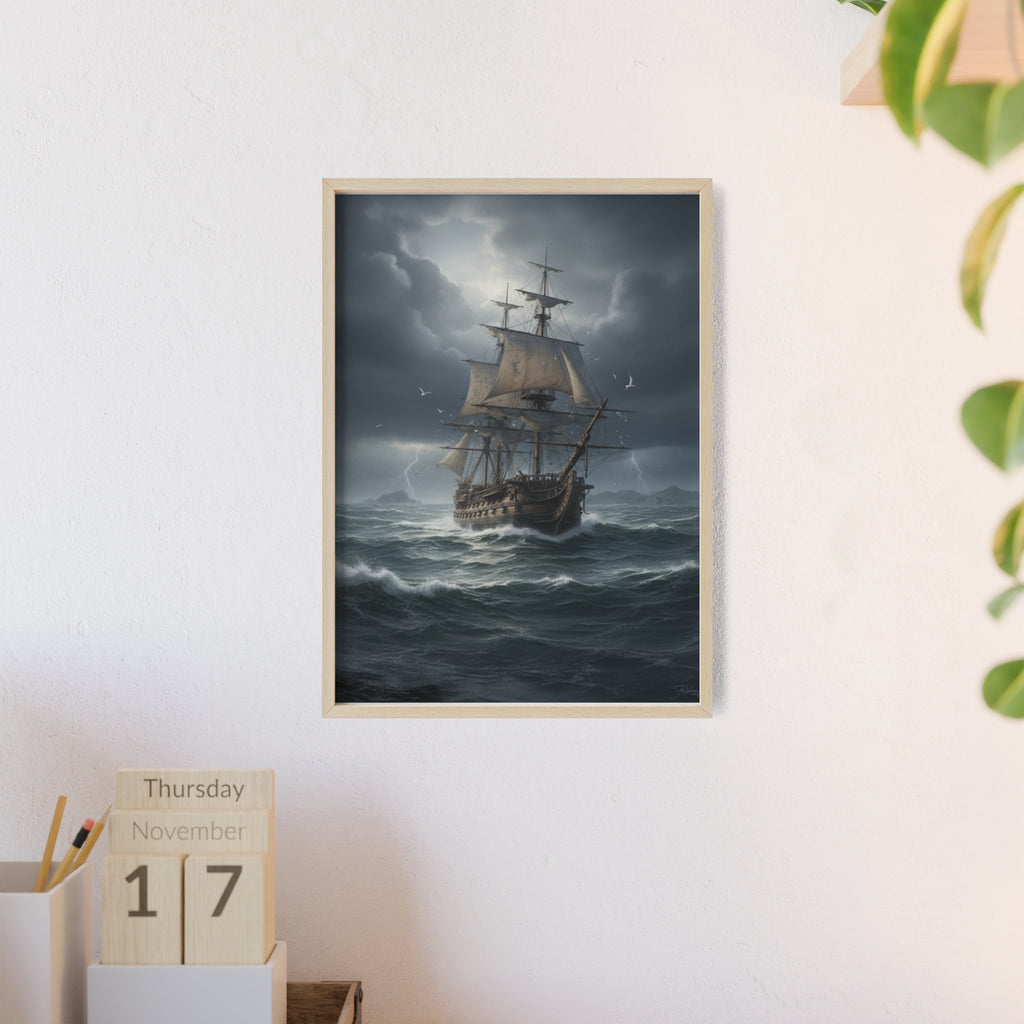 Framed Stormy Sea Ship Poster — Nautical Wall Art with Wooden Frame