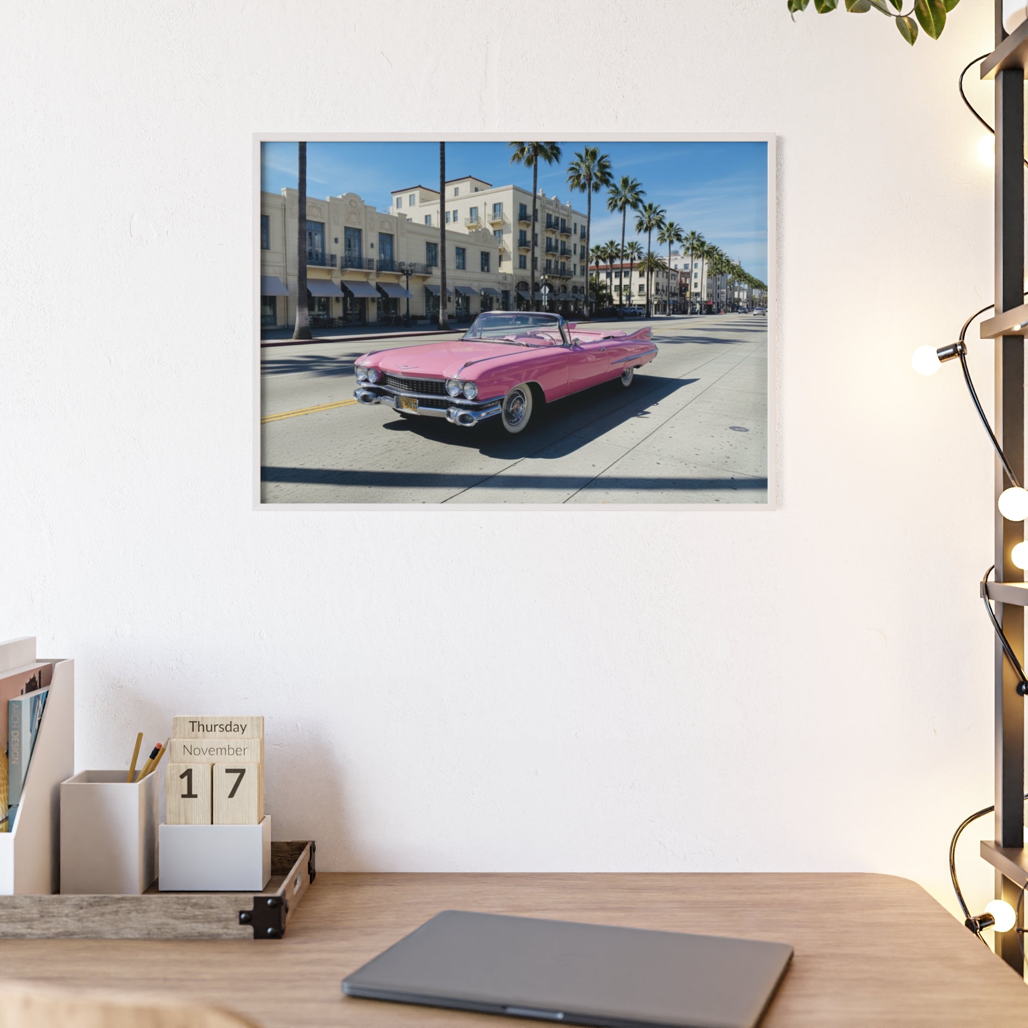 Retro Pink Cadillac Poster with Wooden Frame — Vintage Palm-Drive Wall Art