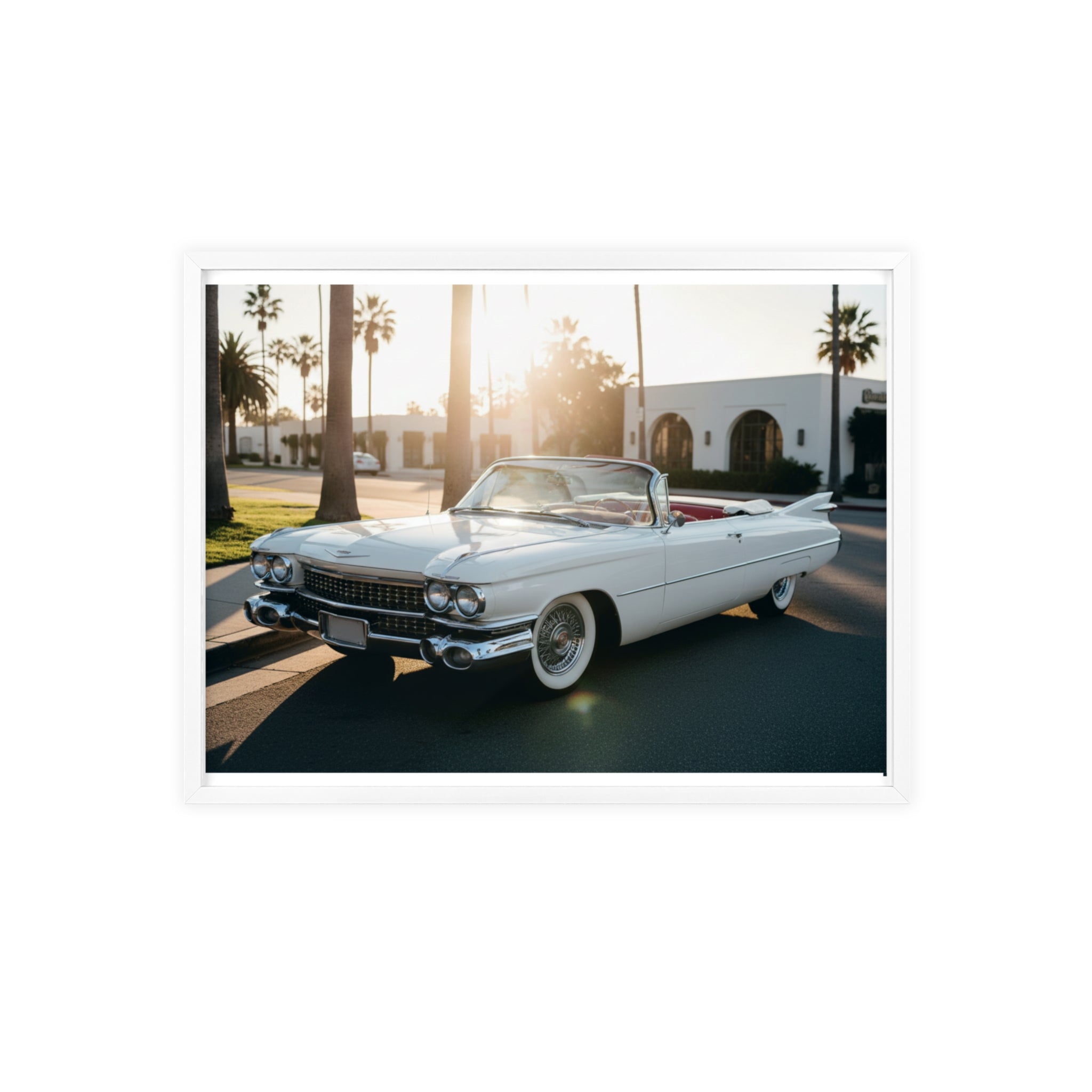 Vintage Cadillac Convertible Poster with Wooden Frame — Retro Palm Trees Sunset Wall Art