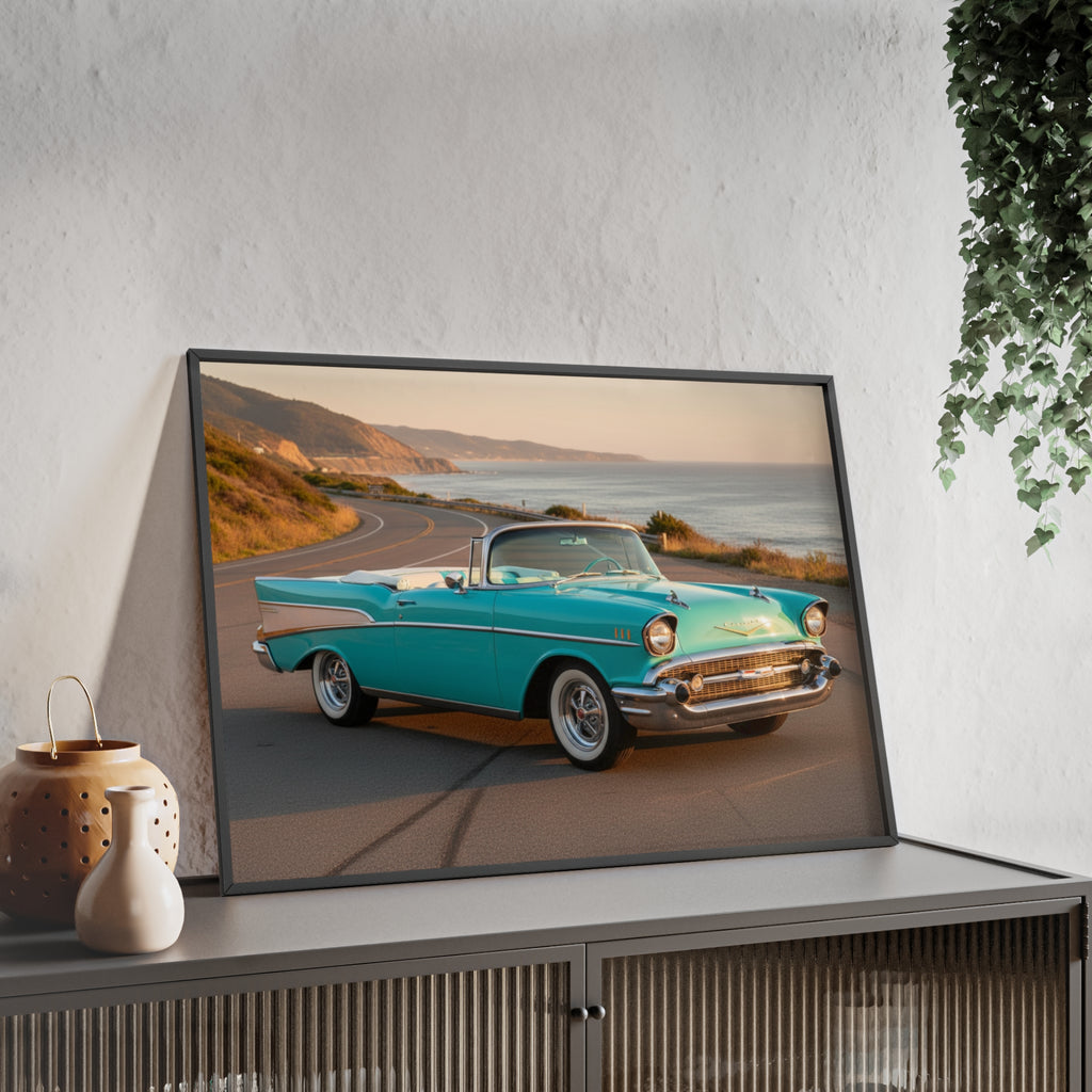 Vintage Teal Classic Car Poster with Wooden Frame — Coastal Road Print