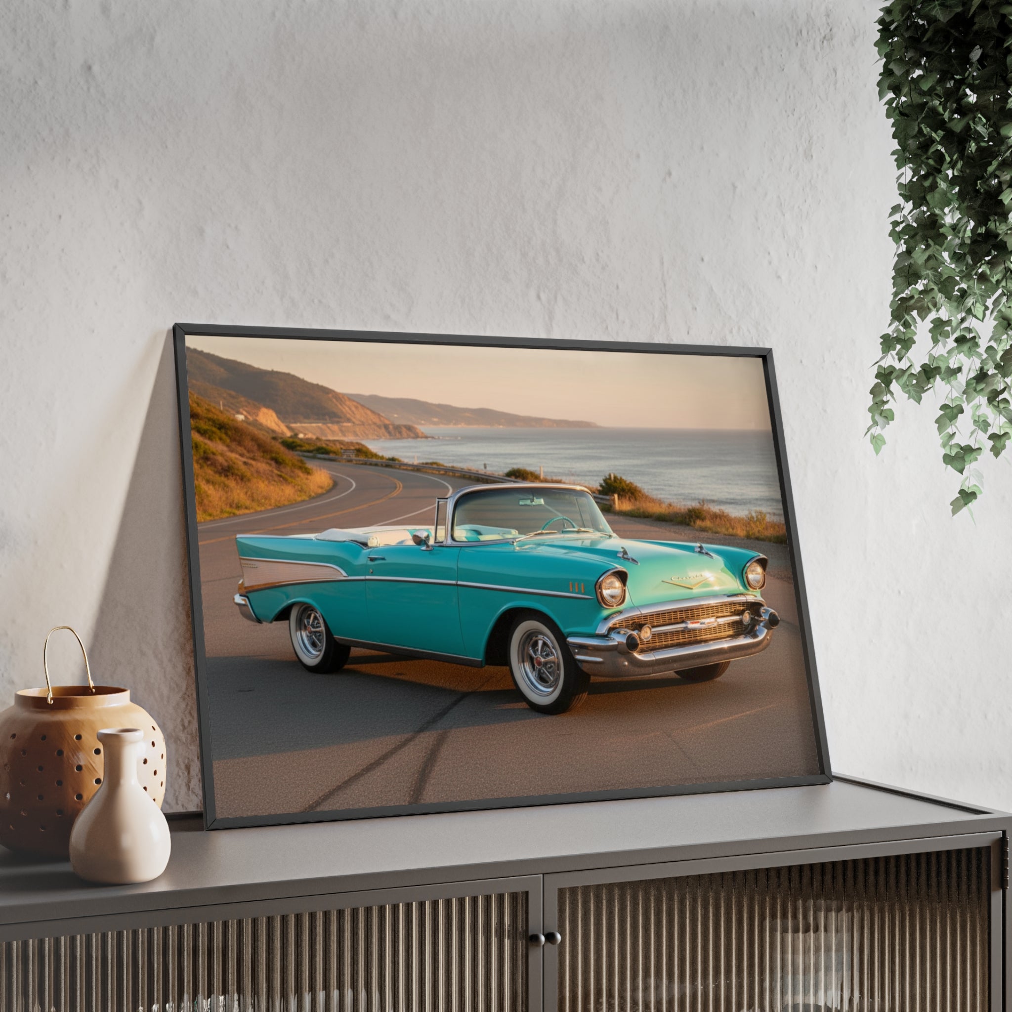 Vintage Teal Classic Car Poster with Wooden Frame — Coastal Road Print