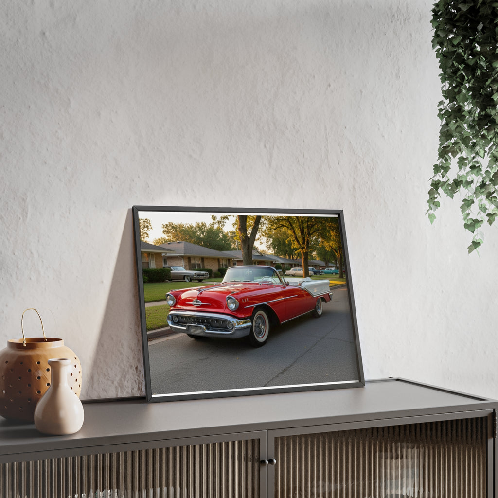 Vintage Red Convertible Poster with Wooden Frame — Classic Car Wall Art