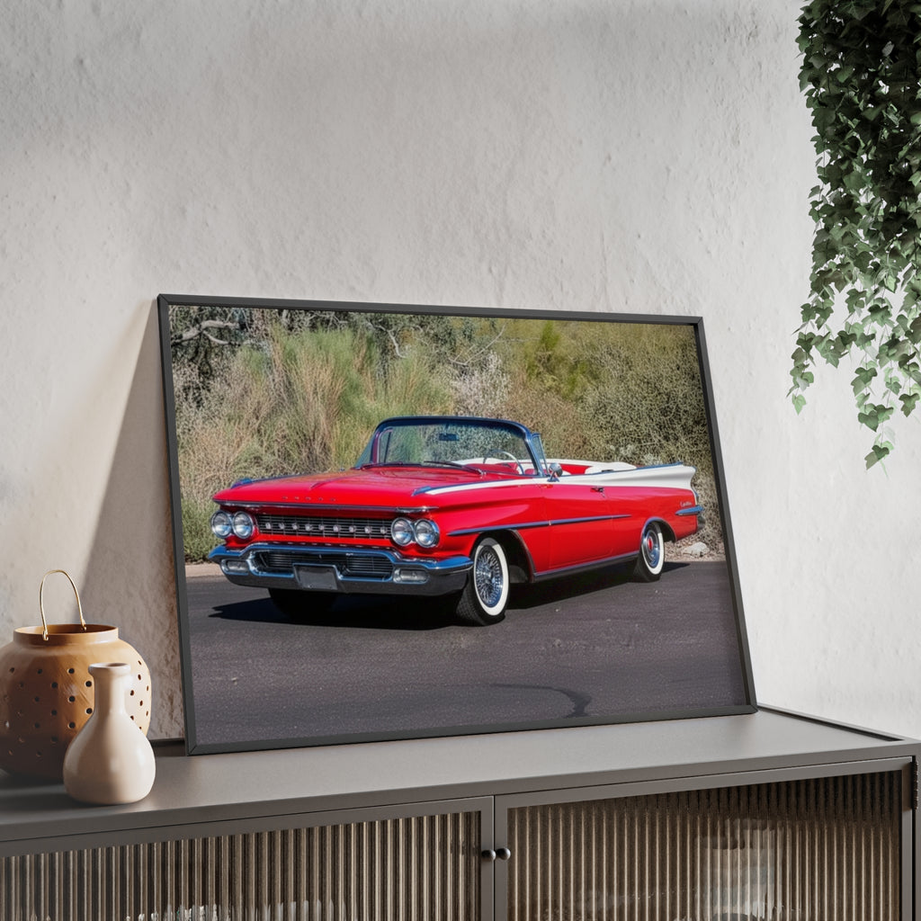 Vintage Red Convertible Car Poster with Wooden Frame — Classic Auto Wall Art