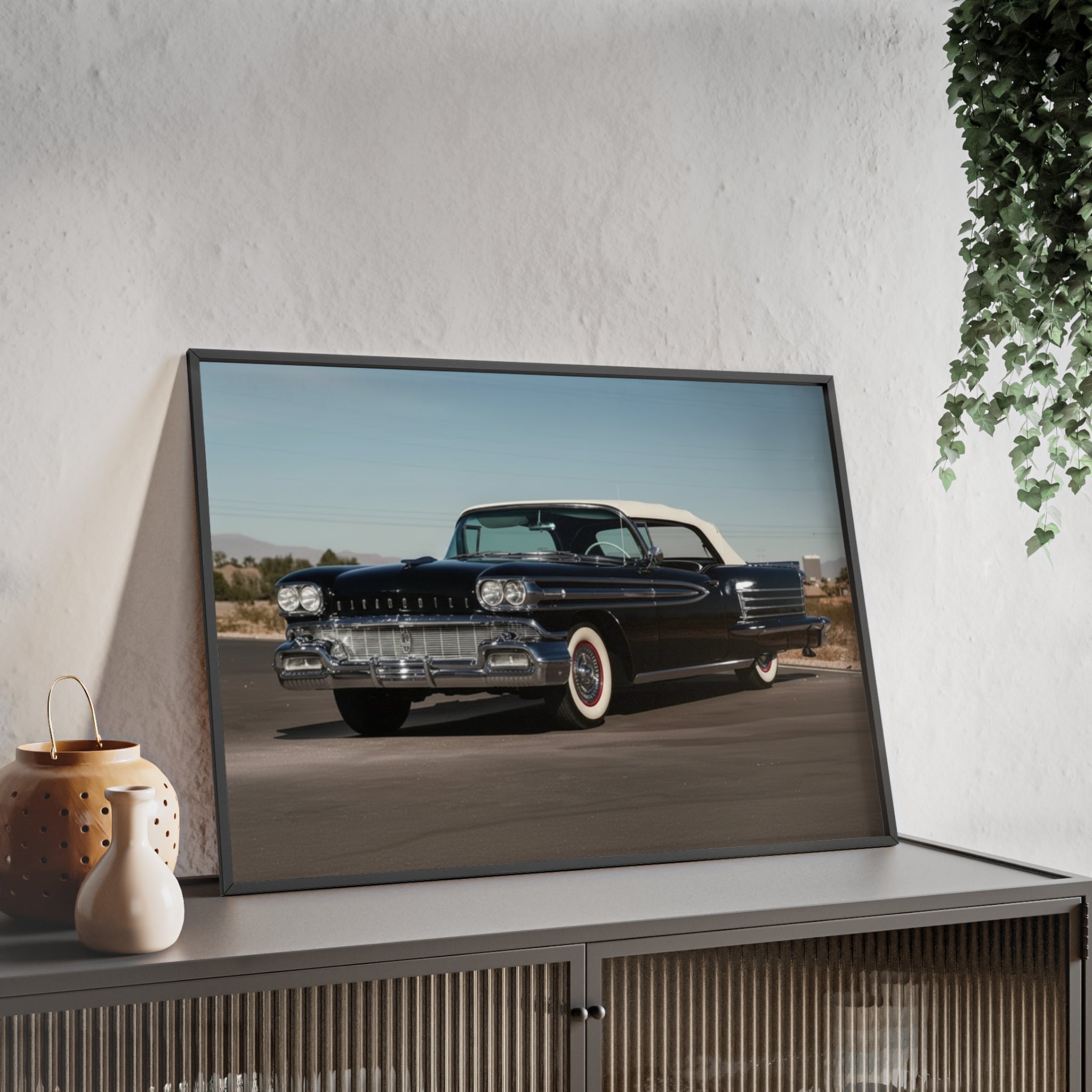 Vintage Black Classic Car Poster with Wooden Frame — Retro Automobile Wall Art