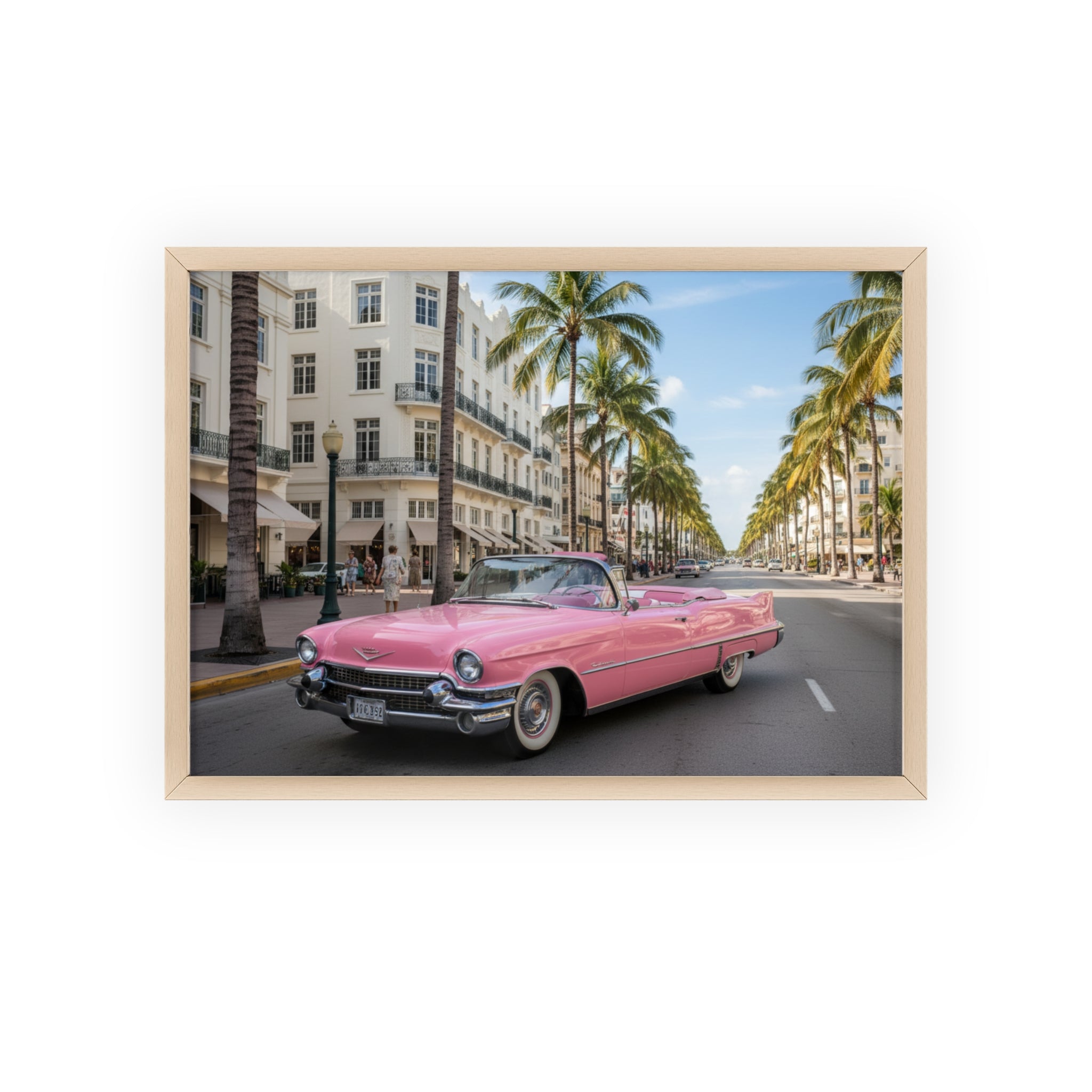Vintage Pink Cadillac Wall Poster with Wooden Frame — Retro Miami Palm Street Photography