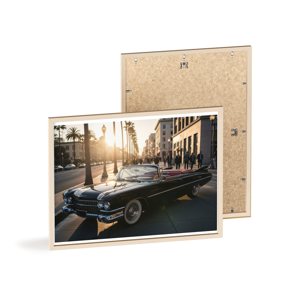 Vintage Convertible Sunset Poster with Wooden Frame