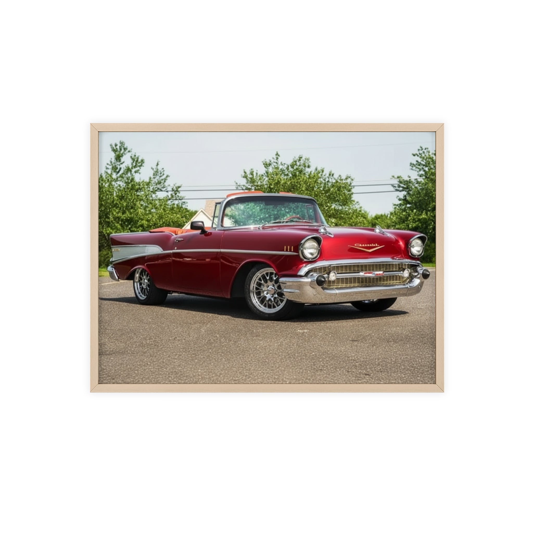 Vintage Red Classic Car Poster with Wooden Frame — Retro Automotive Wall Art