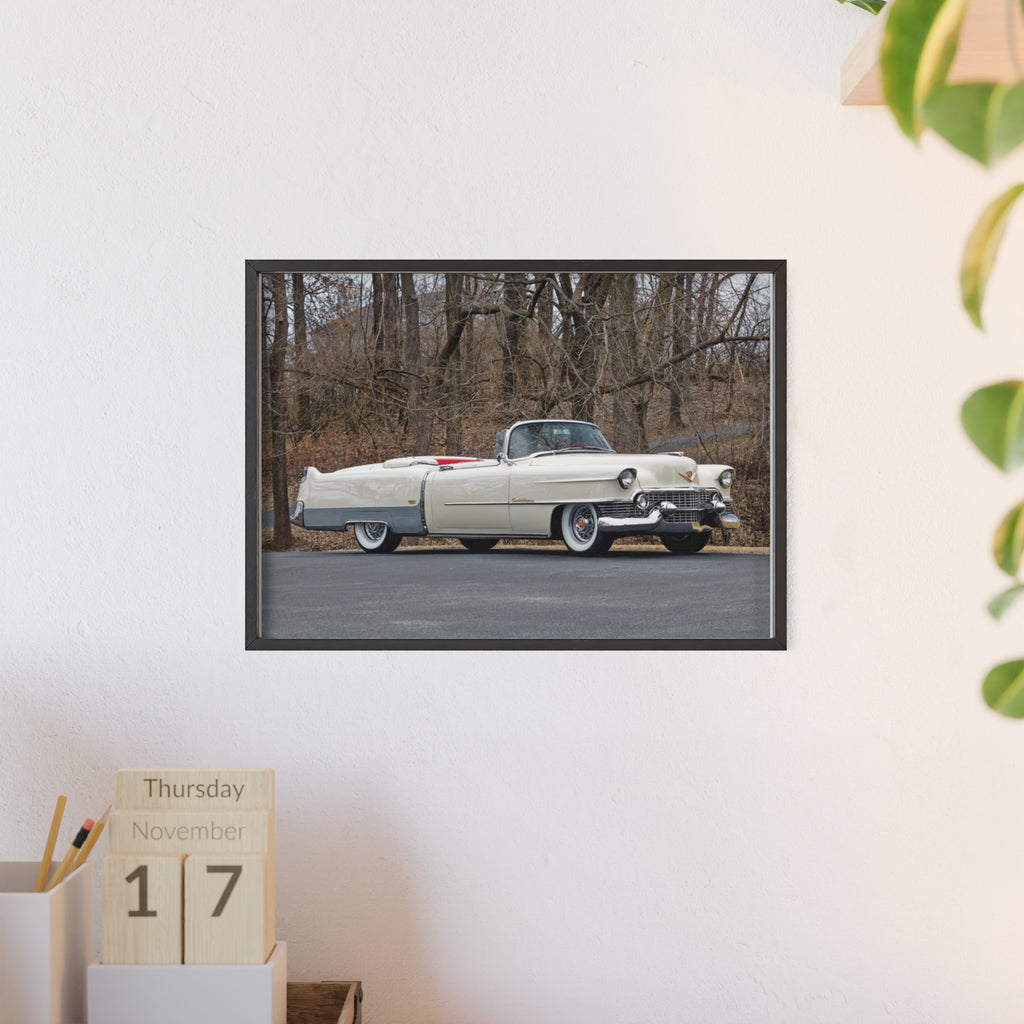 Vintage 1950s White Cadillac Poster with Wooden Frame - Classic Car Wall Art