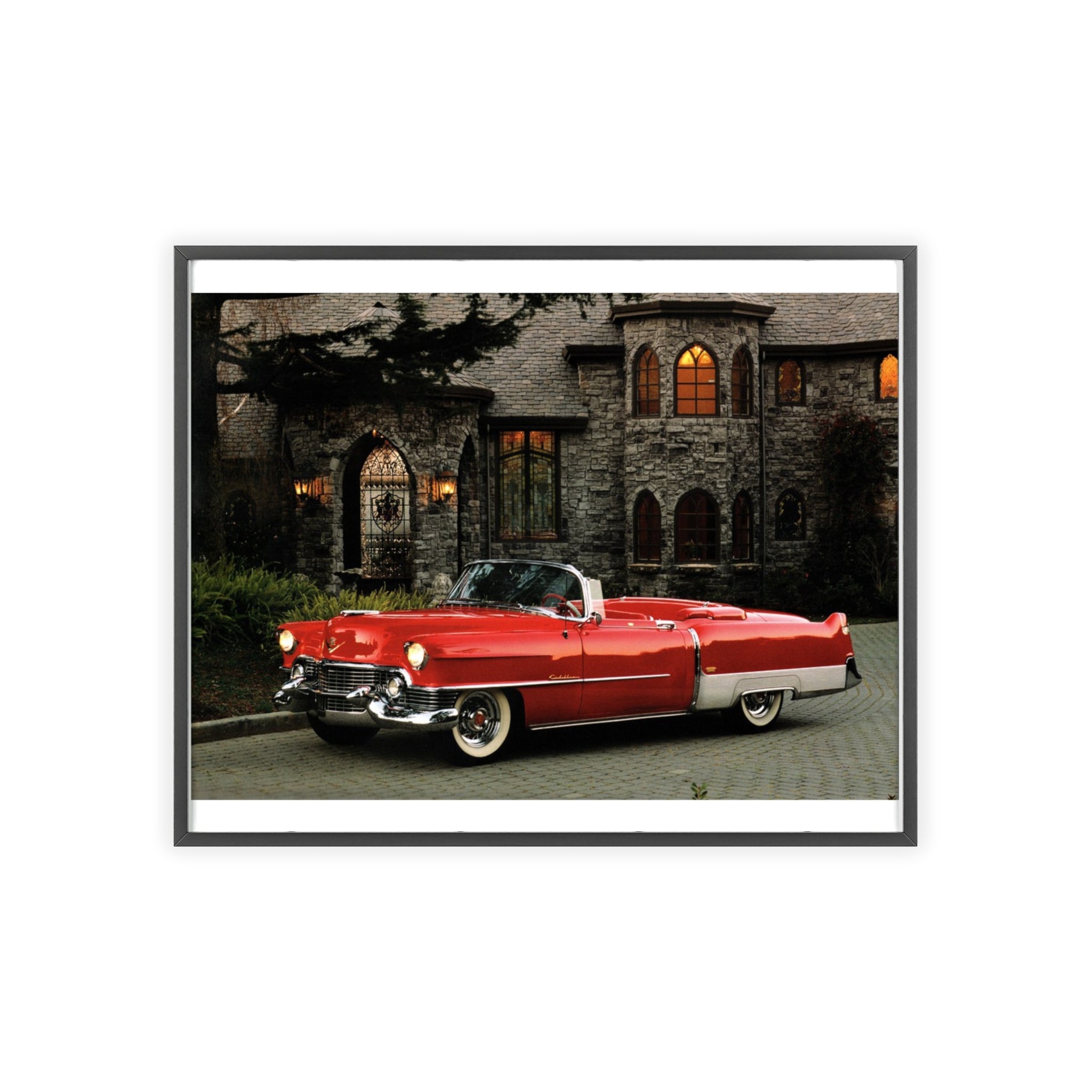 Vintage Red Convertible Poster with Wooden Frame — Classic Car Wall Art