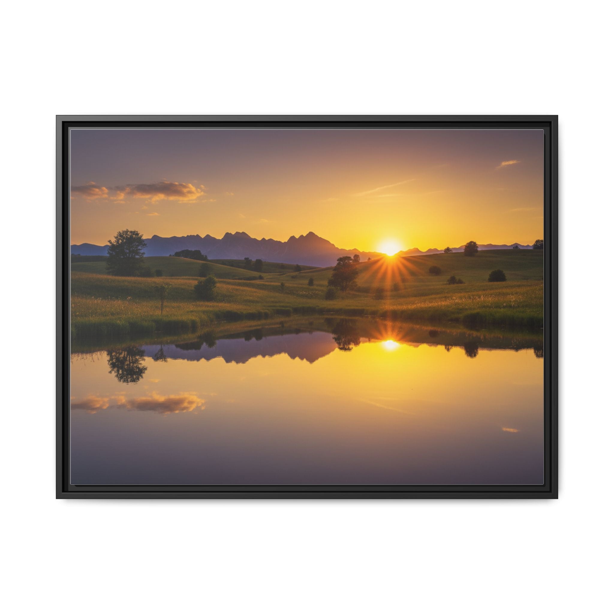 Framed Matte Canvas Sunset Landscape — Serene Lake Reflection Wall Art