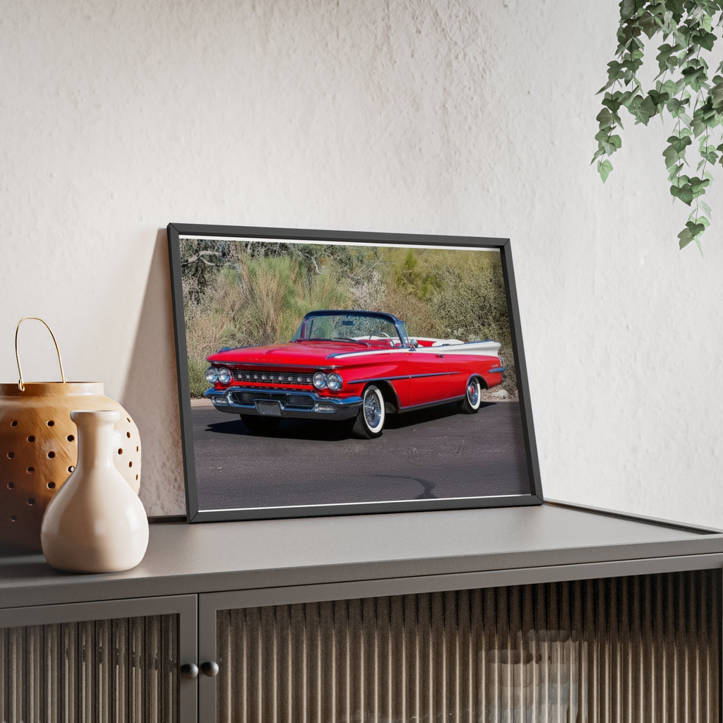 Vintage Red Convertible Car Poster with Wooden Frame — Classic Auto Wall Art