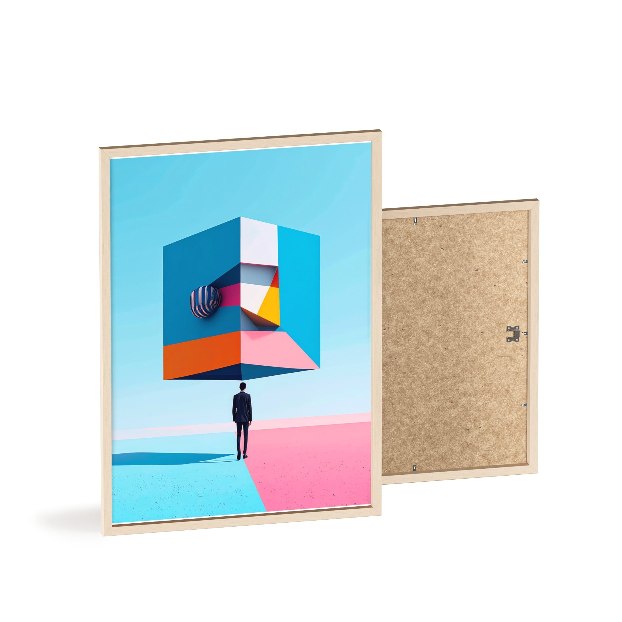 Surreal Geometric Art Poster with Wooden Frame — Modern Minimal Wall Decor