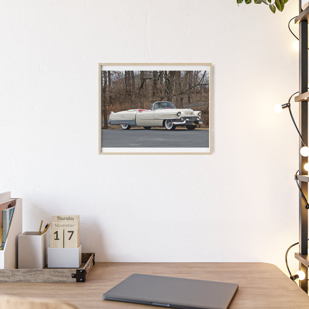 Vintage 1950s White Cadillac Poster with Wooden Frame - Classic Car Wall Art