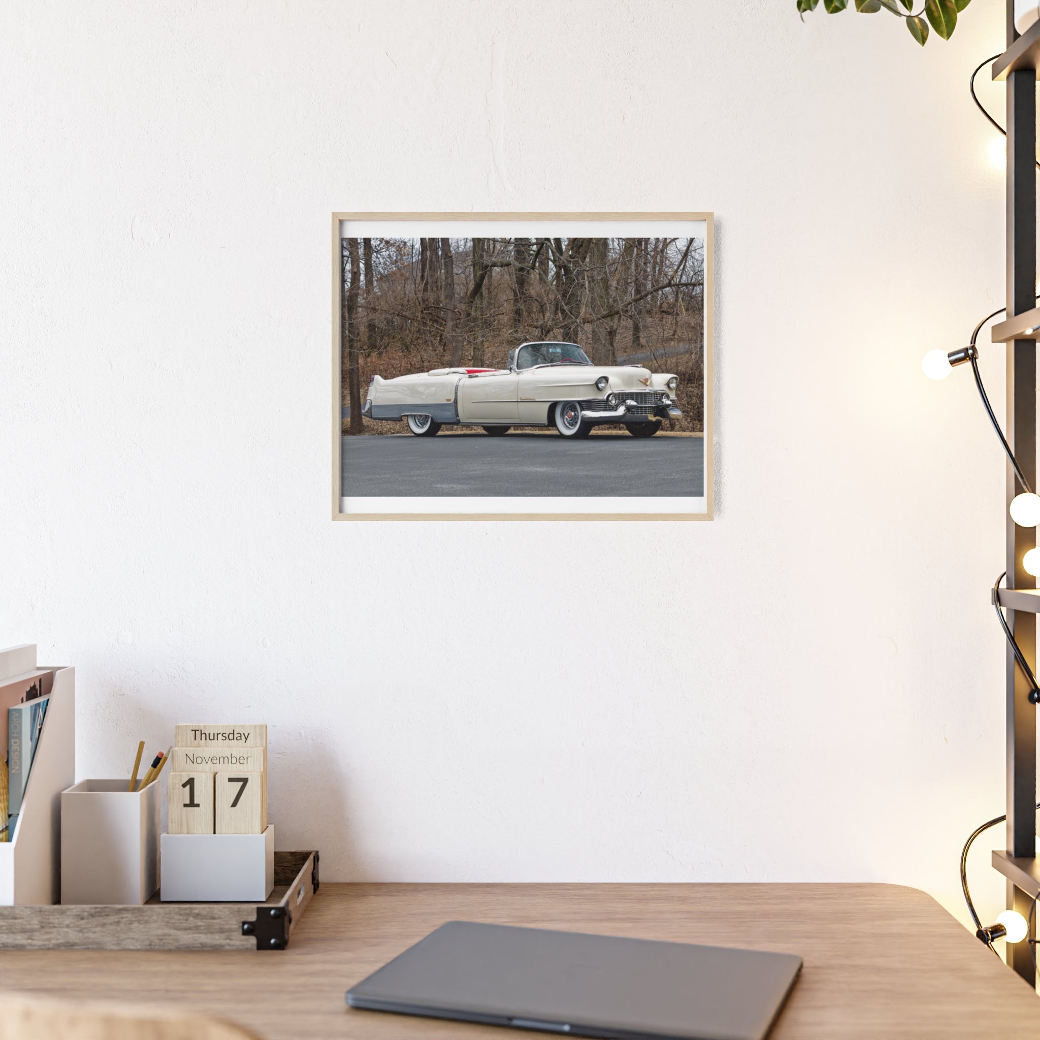 Vintage 1950s White Cadillac Poster with Wooden Frame - Classic Car Wall Art