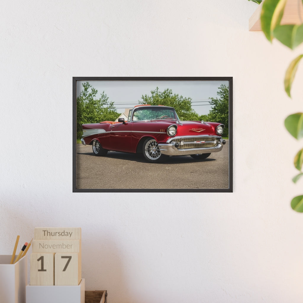 Vintage Red Classic Car Poster with Wooden Frame — Retro Automotive Wall Art