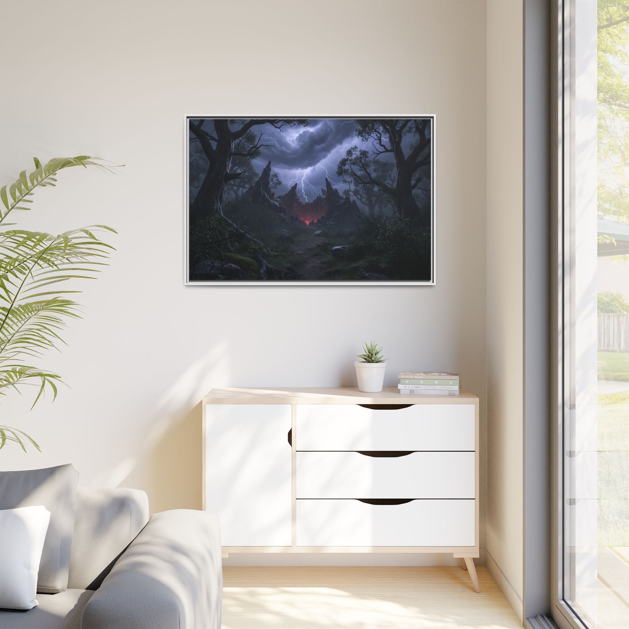Dark Storm Forest Framed Canvas Print — Lightning, Haunted Castle Art