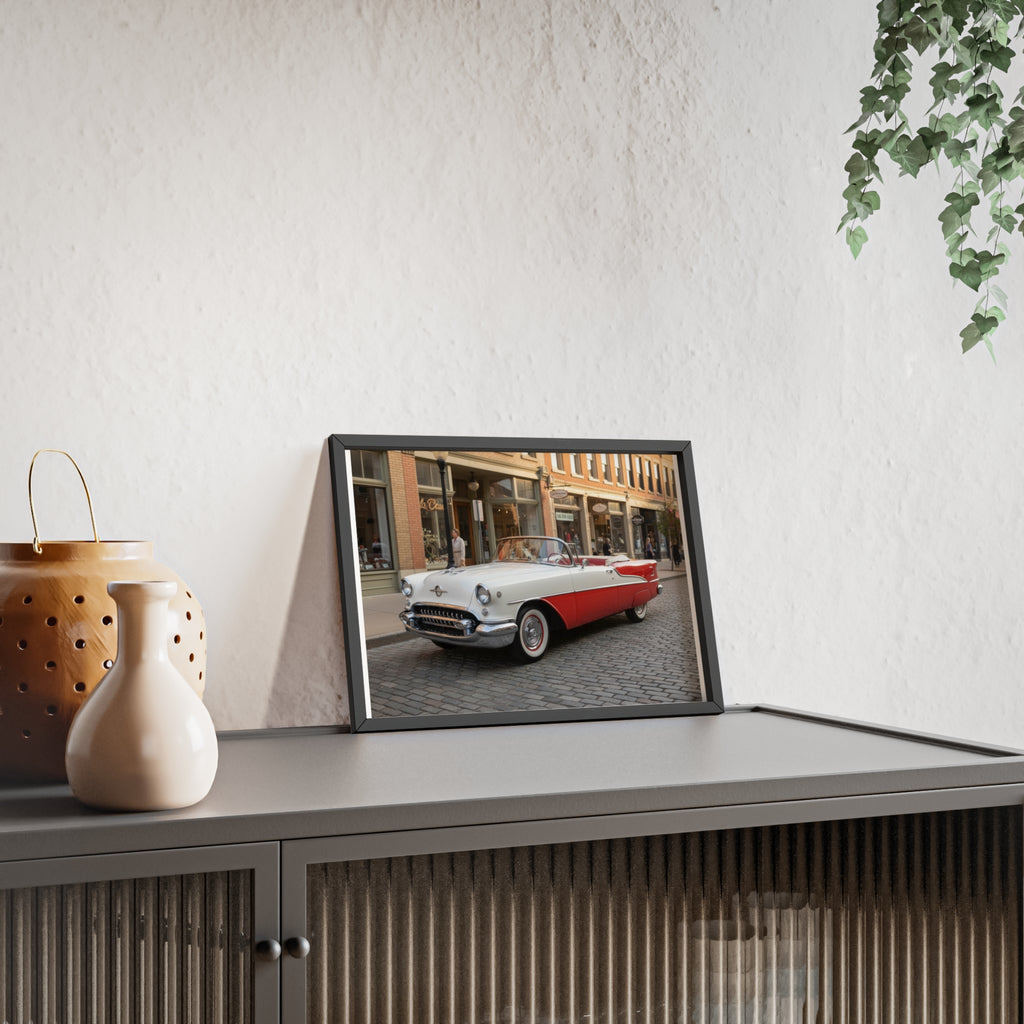 Vintage Red & White Convertible Poster with Wooden Frame — Retro Car Wall Art