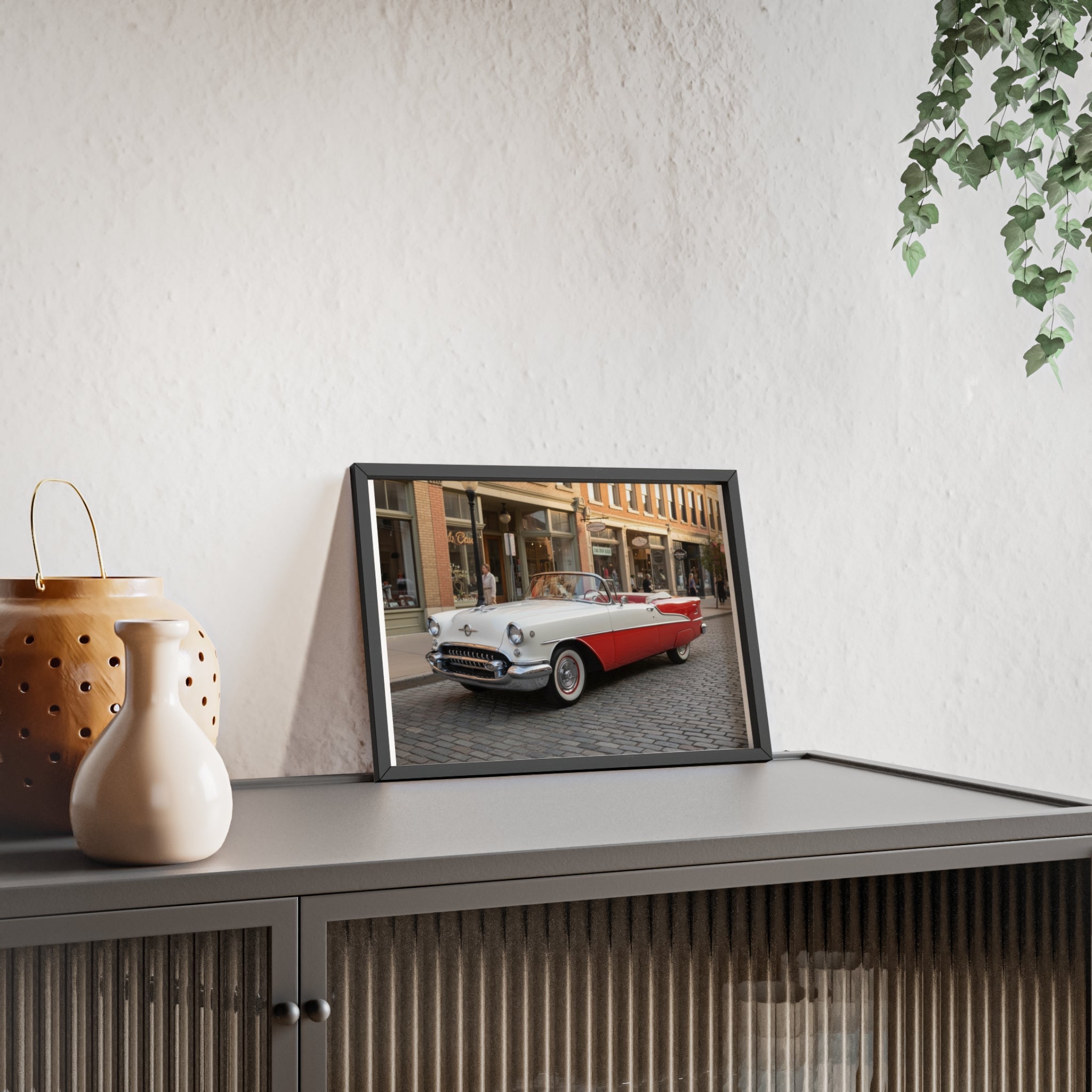 Vintage Red & White Convertible Poster with Wooden Frame — Retro Car Wall Art