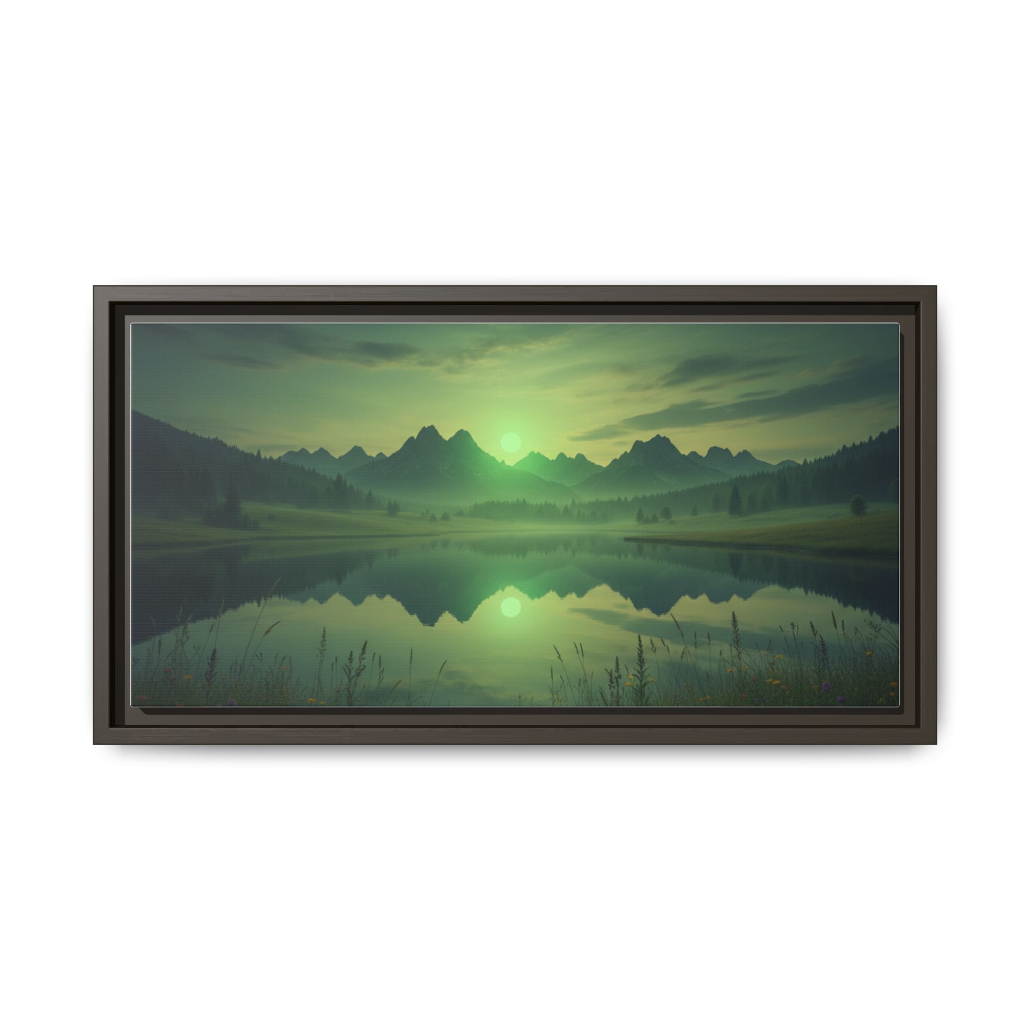 Framed Matte Canvas Print — Serene Green Mountain Lake Landscape
