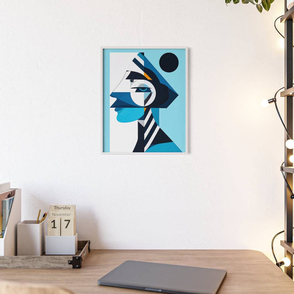 Abstract Geometric Portrait Poster with Wooden Frame — Blue Modern Wall Art