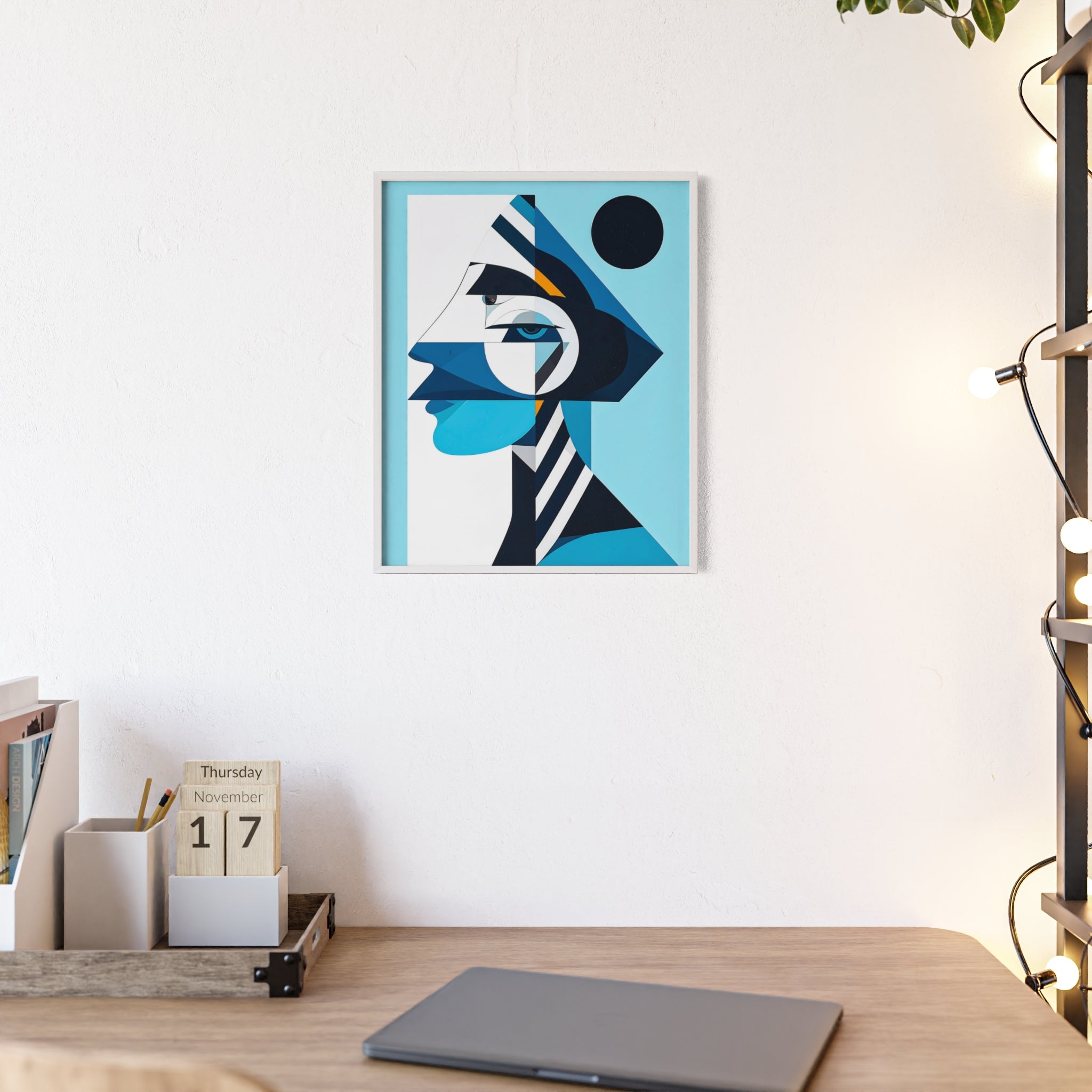 Abstract Geometric Portrait Poster with Wooden Frame — Blue Modern Wall Art