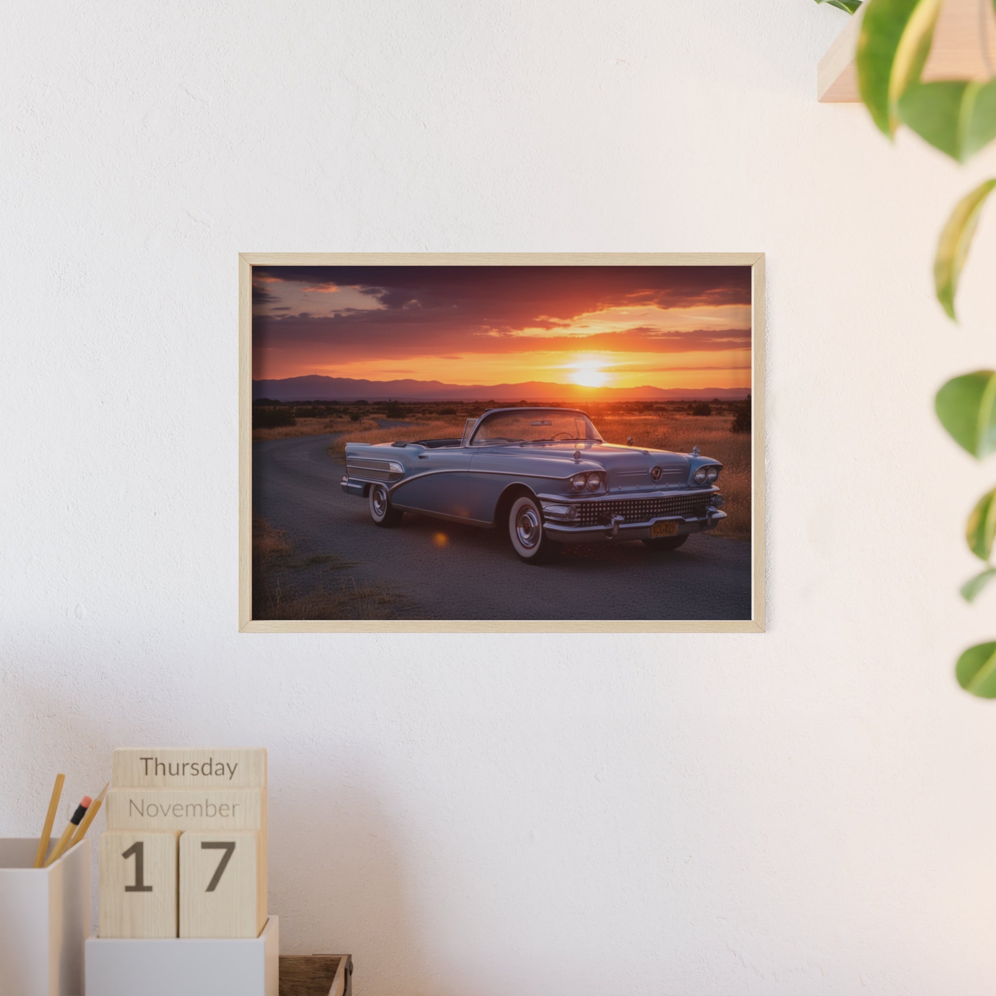Vintage Convertible Sunset Poster with Wooden Frame