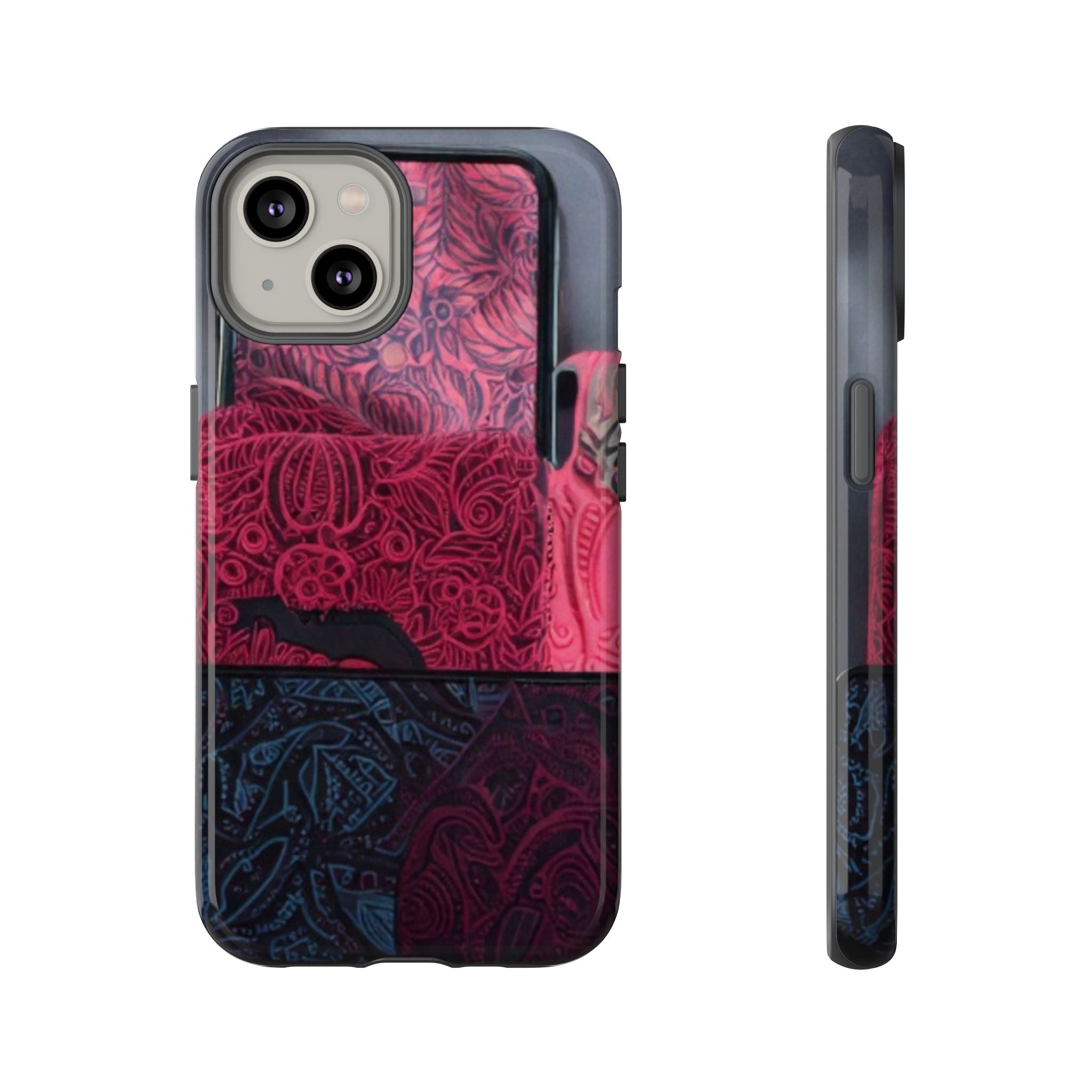 Floral Patchwork Tough Phone Case — Pink & Navy Doodle Design
