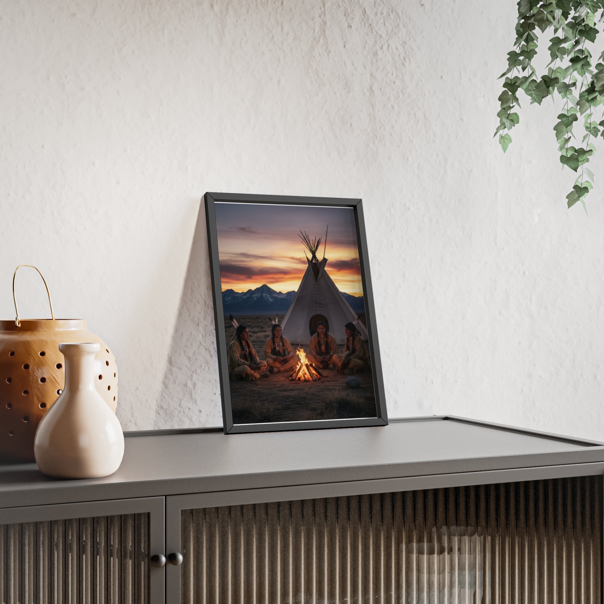 Framed Campfire Teepee Poster — Native Gathering Wall Art