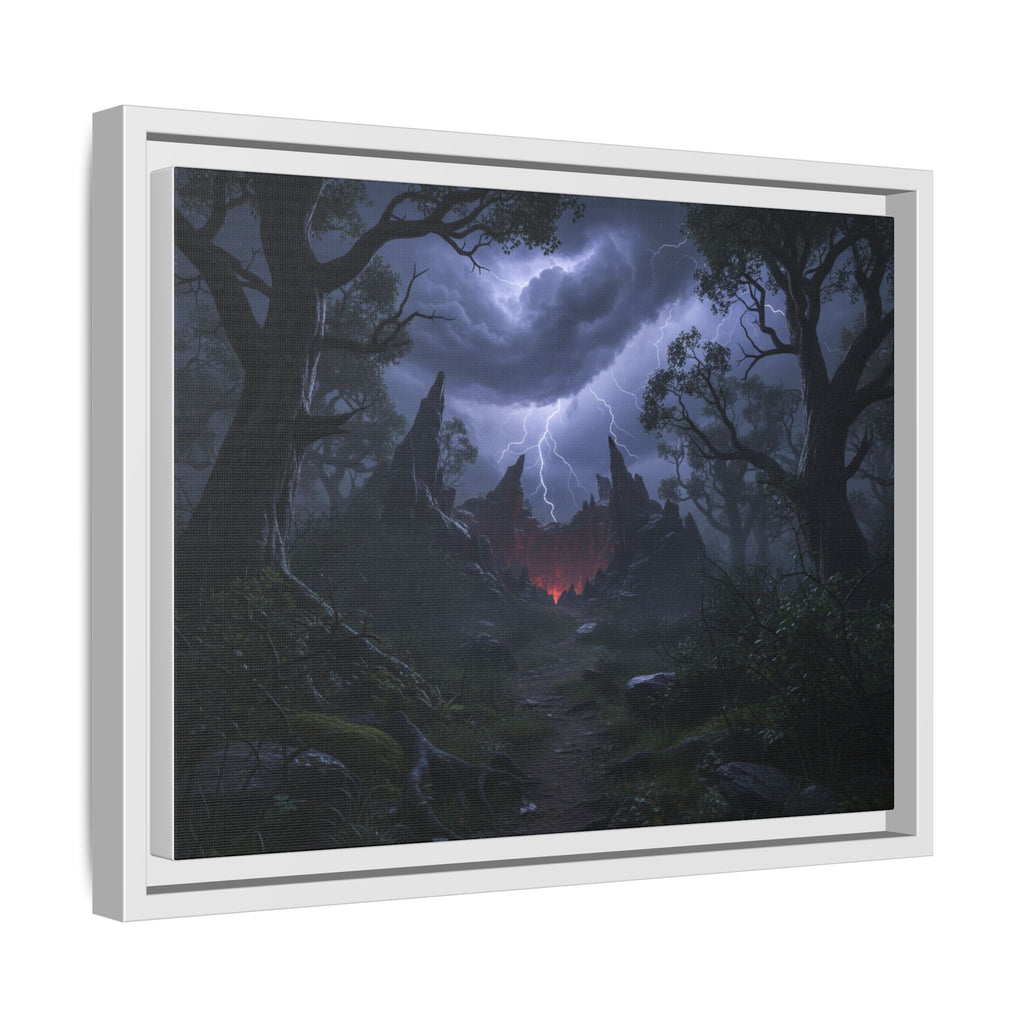 Dark Storm Forest Framed Canvas Print — Lightning, Haunted Castle Art