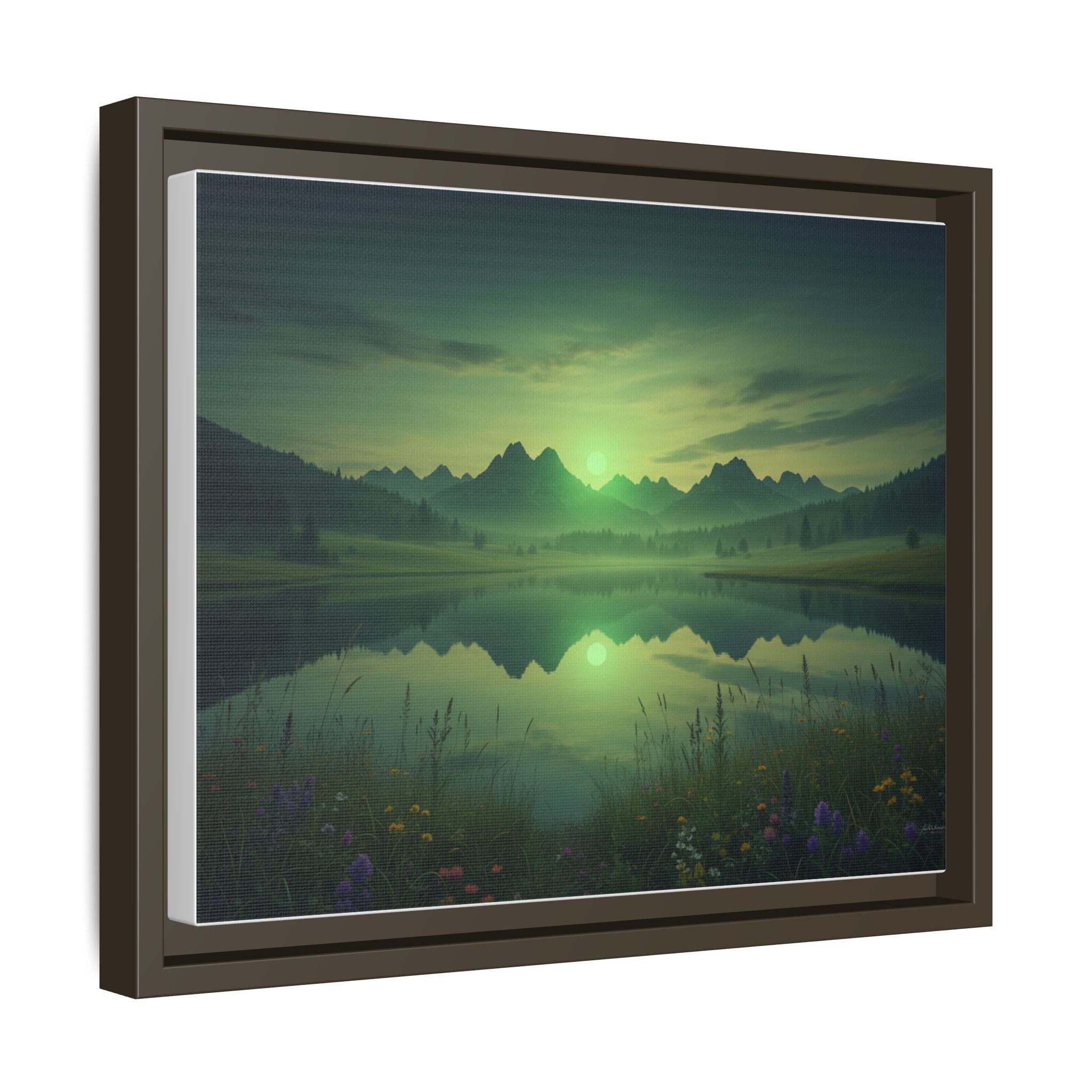 Framed Matte Canvas Print — Serene Green Mountain Lake Landscape
