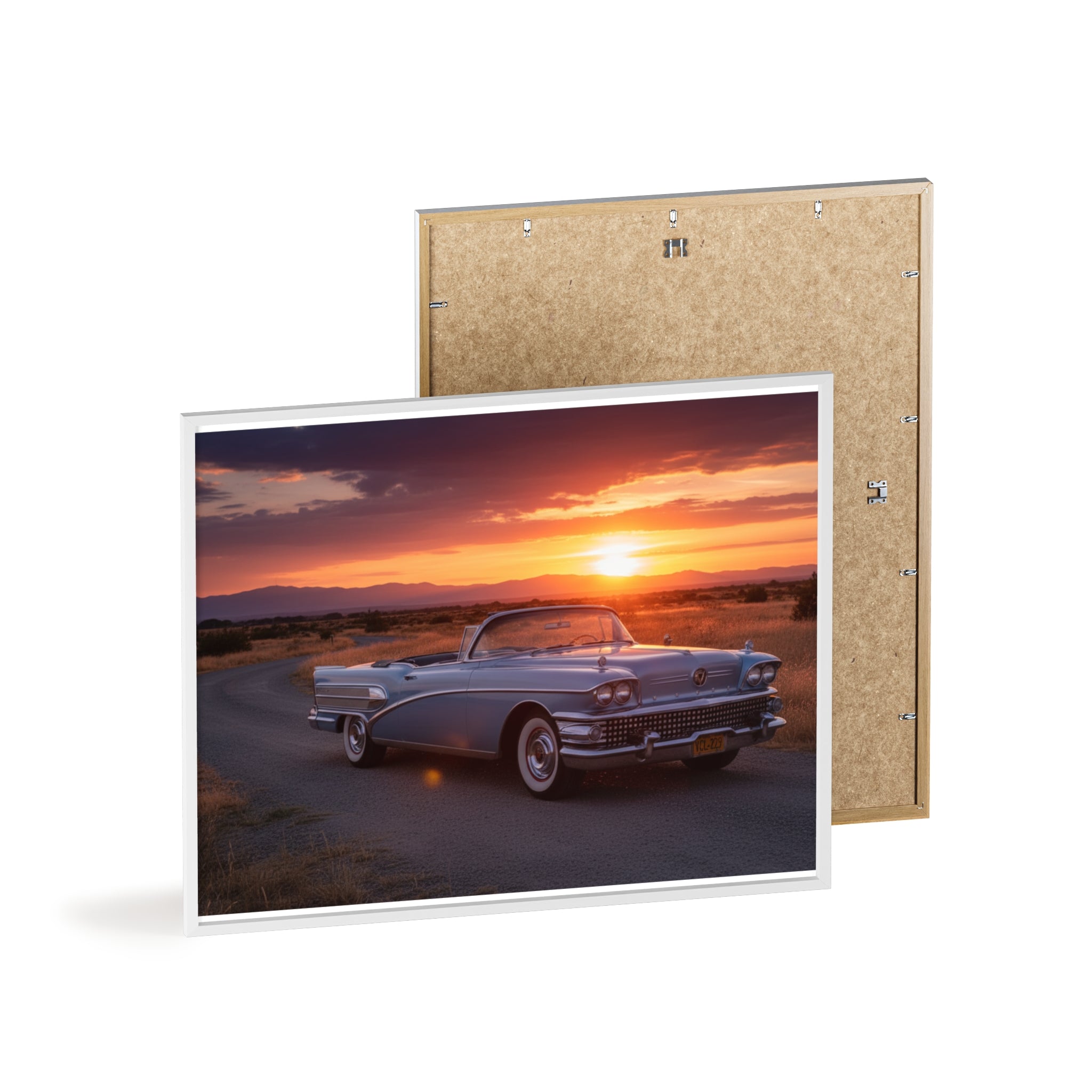 Vintage Convertible Sunset Poster with Wooden Frame