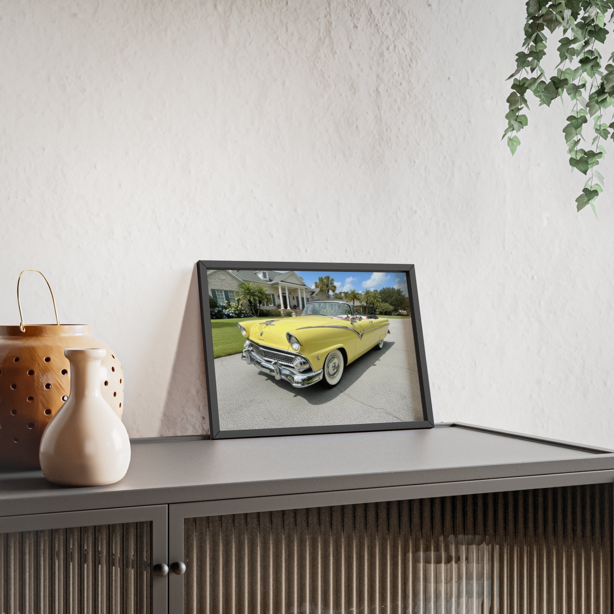 Vintage Yellow Classic Car Poster — Framed Wooden Wall Art