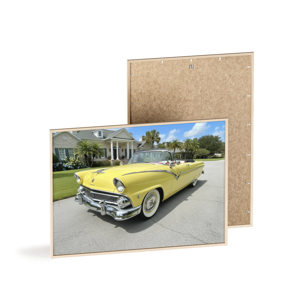 Vintage Yellow Classic Car Poster — Framed Wooden Wall Art
