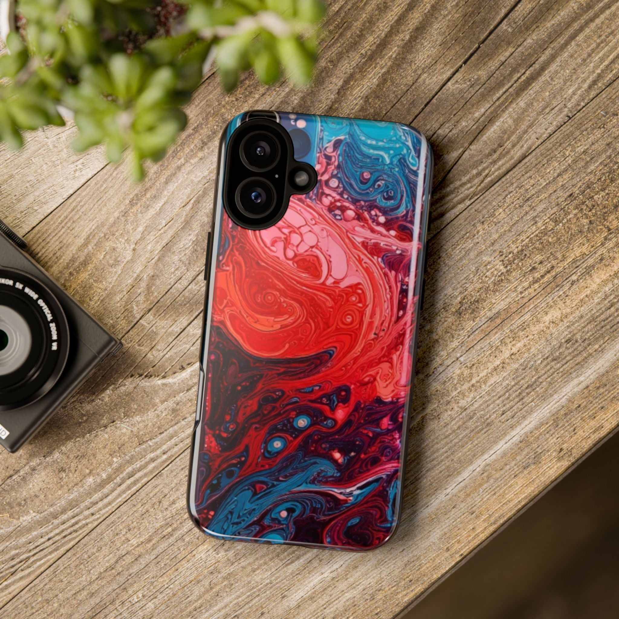 Abstract Red & Blue Swirl Tough Phone Case — Protective iPhone Cover with Fluid Art Design