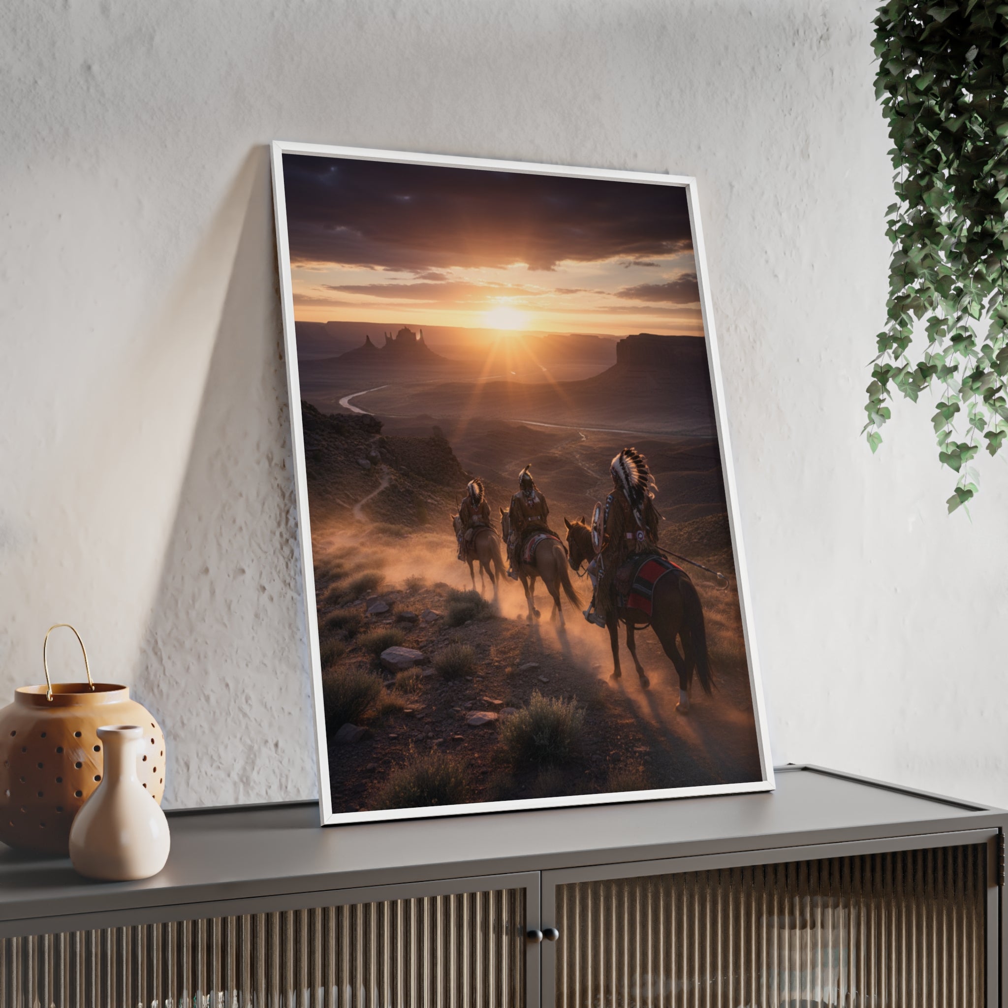Framed Western Sunset Poster — Native Riders on Horseback Wall Art