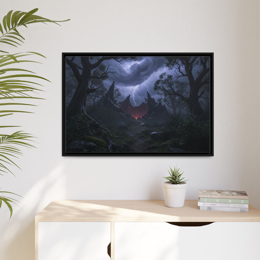 Dark Storm Forest Framed Canvas Print — Lightning, Haunted Castle Art