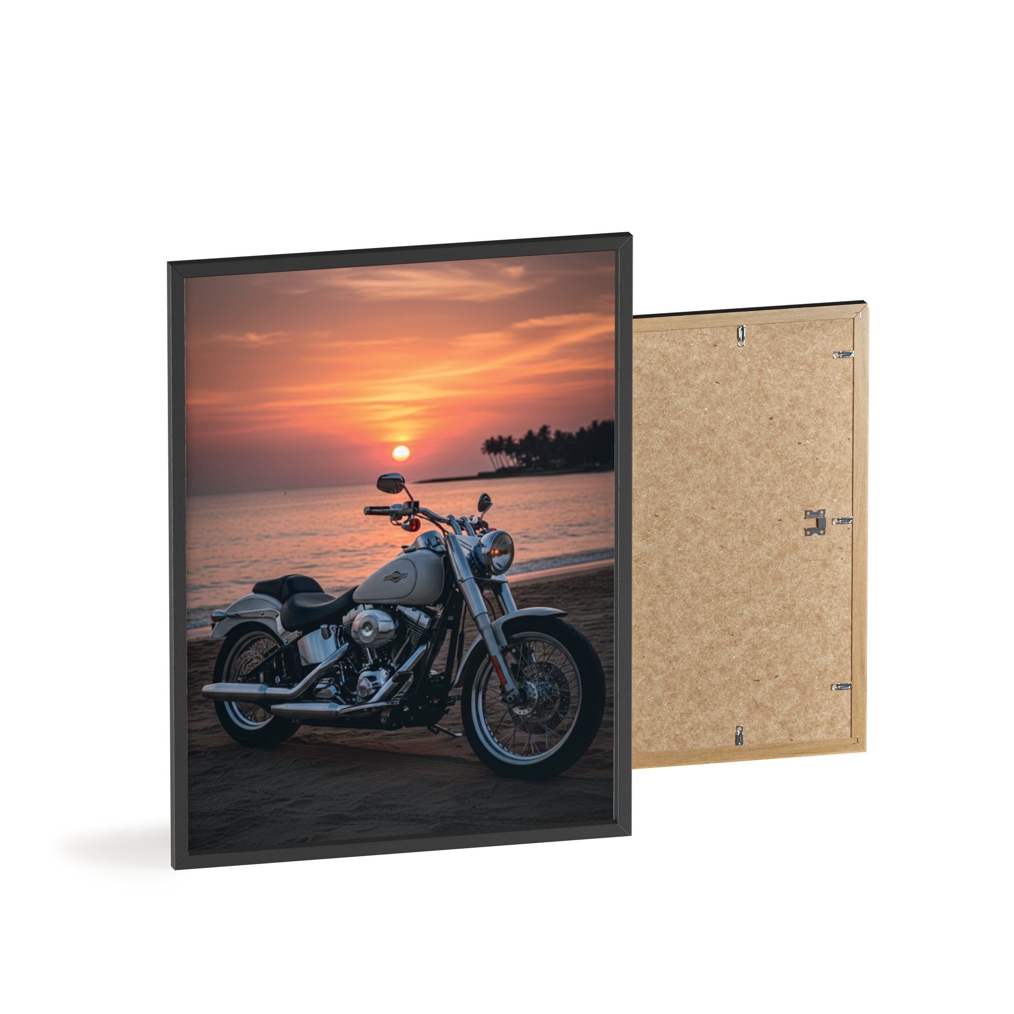 Sunset Beach Motorcycle Poster with Wooden Frame — Vintage Cruiser Wall Art