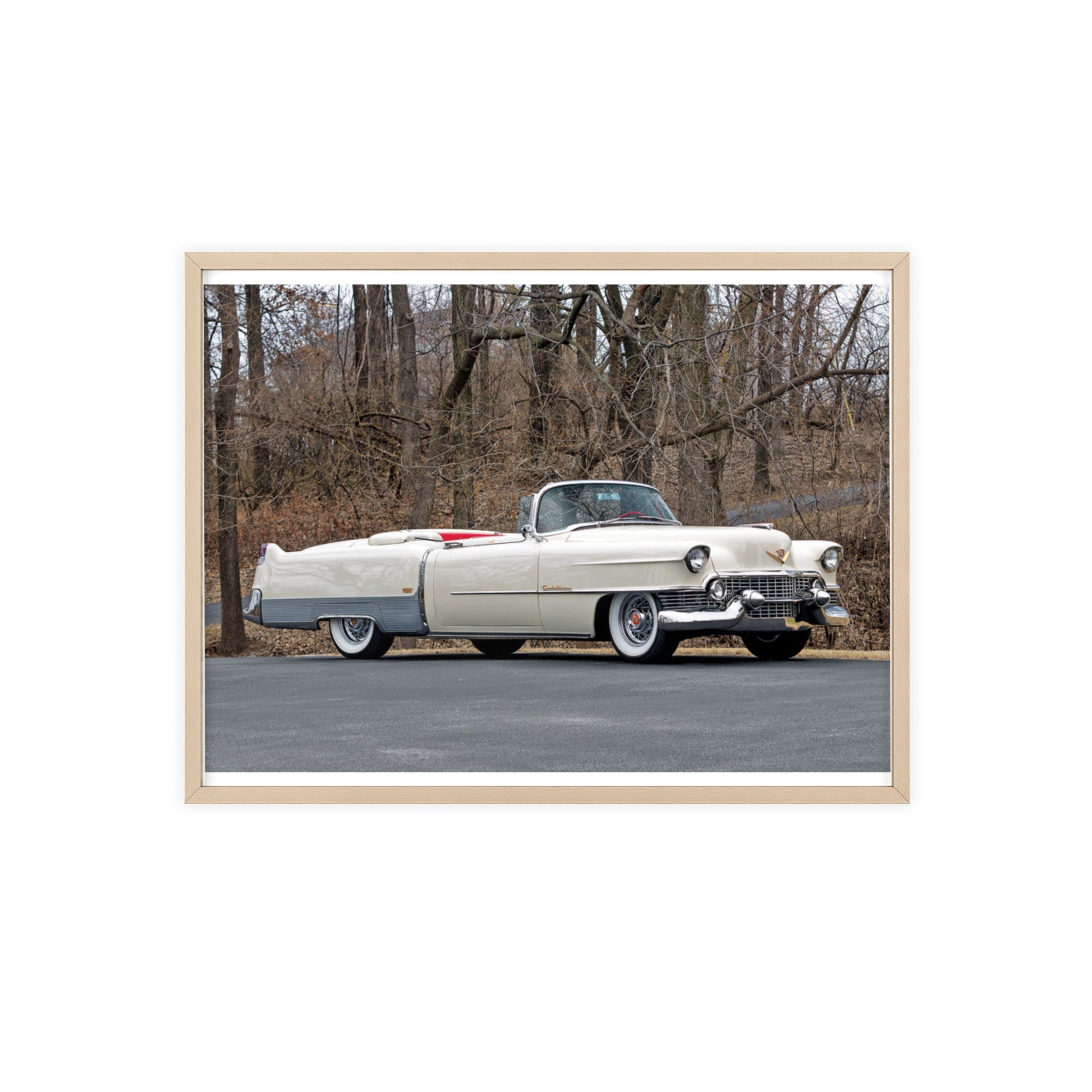 Vintage 1950s White Cadillac Poster with Wooden Frame - Classic Car Wall Art