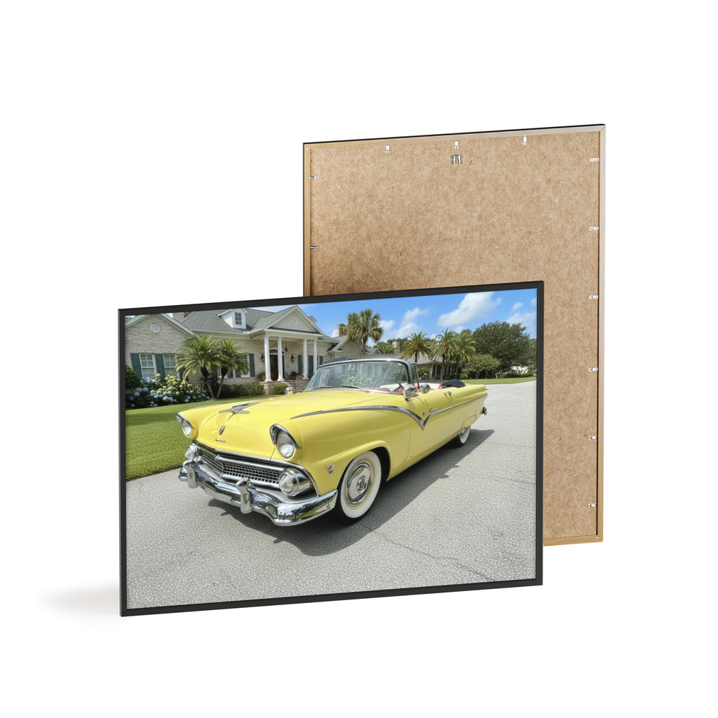 Vintage Yellow Classic Car Poster — Framed Wooden Wall Art