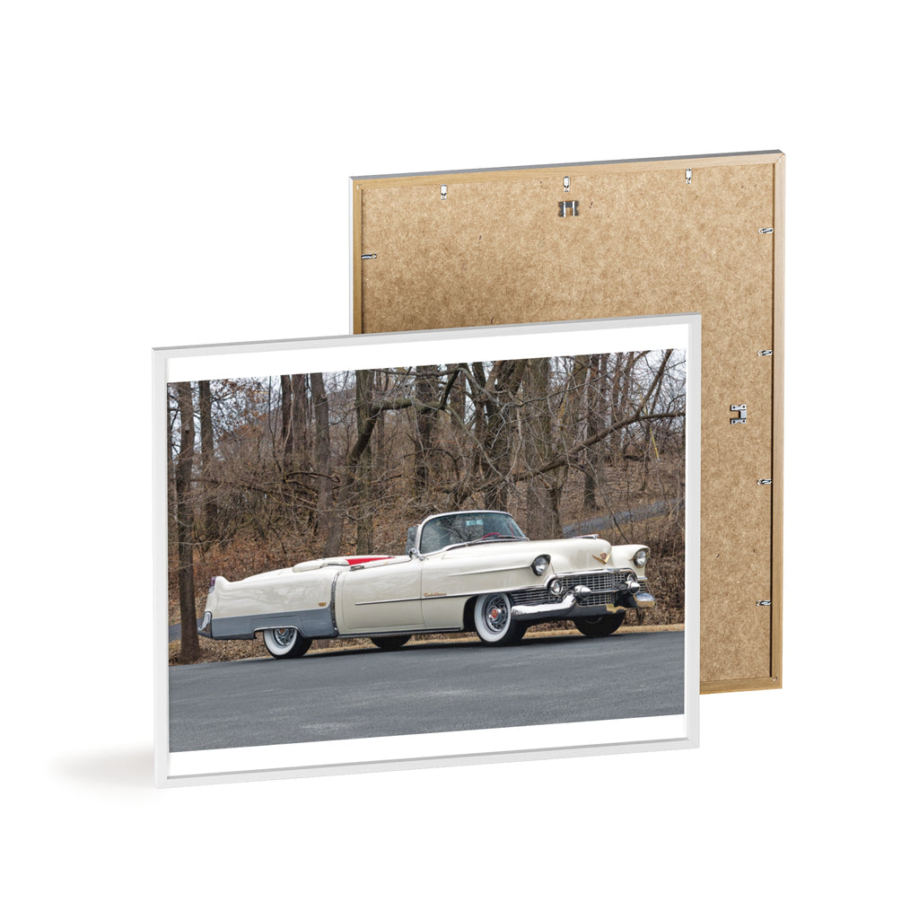 Vintage 1950s White Cadillac Poster with Wooden Frame - Classic Car Wall Art