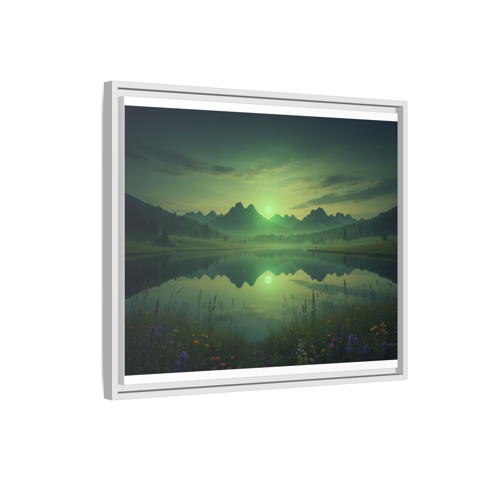 Framed Matte Canvas Print — Serene Green Mountain Lake Landscape